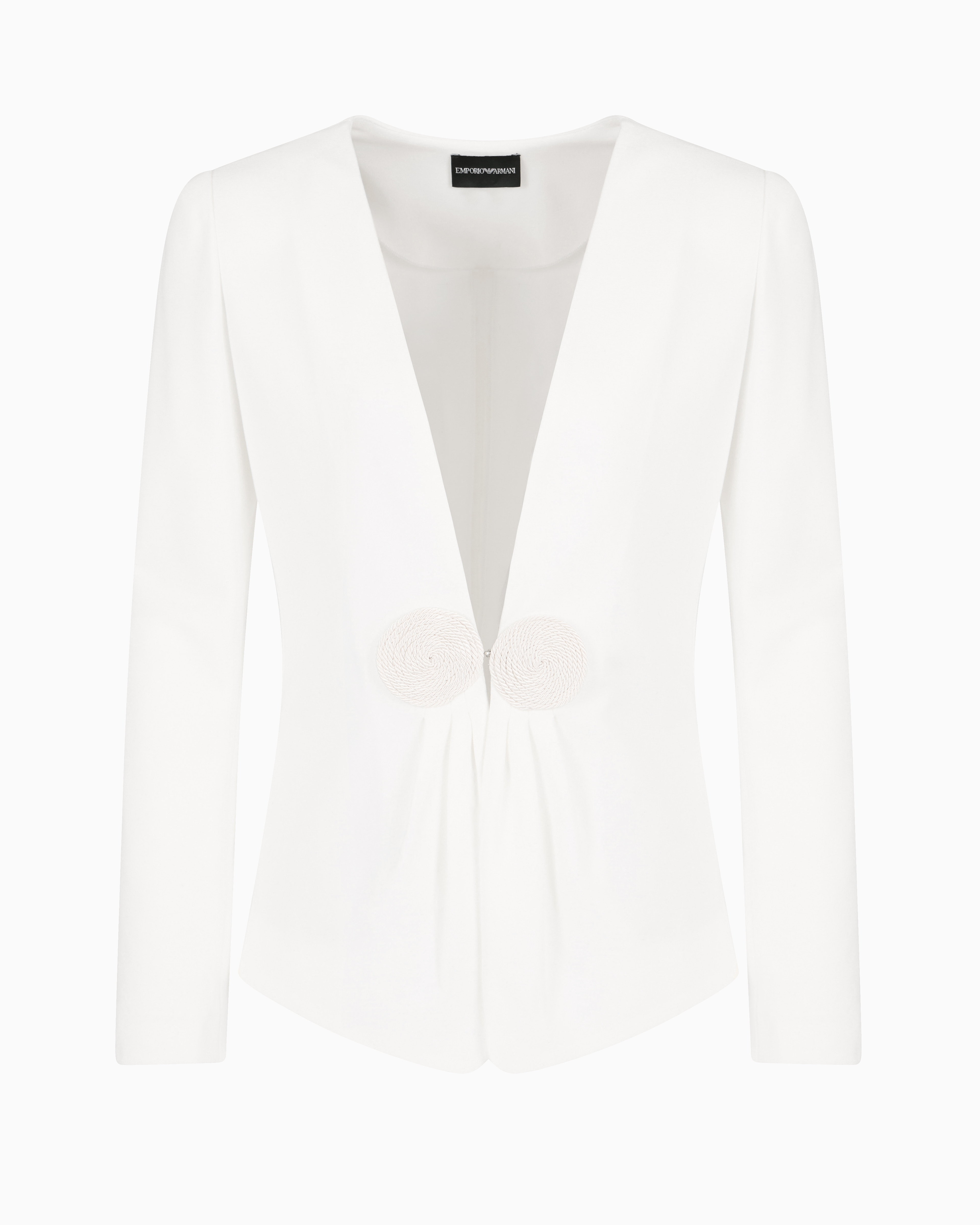 Emporio Armani V-neck Jacket In Stretch Milano-stitch Fabric With A Cordonnet Patch In White