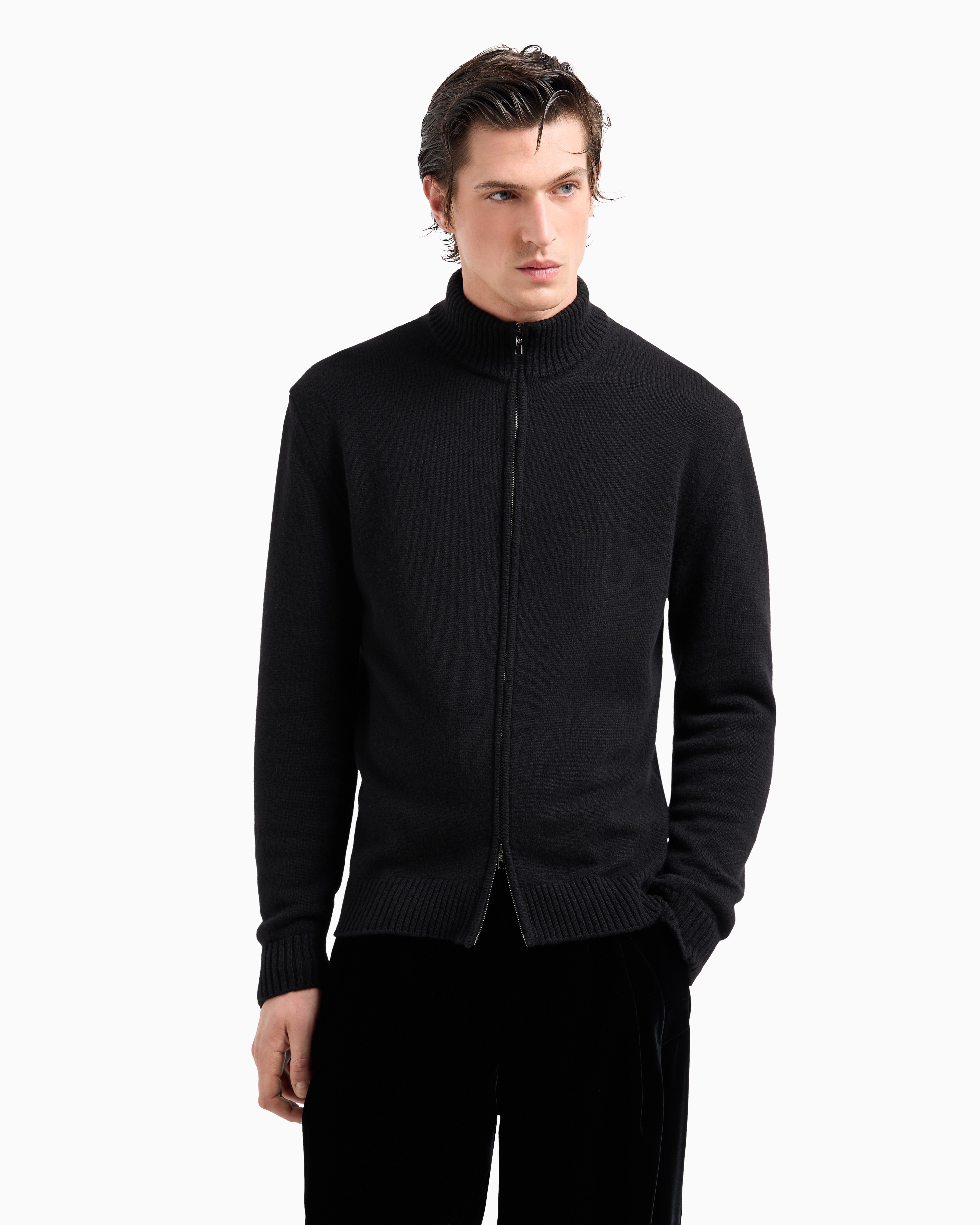 Giorgio Armani Cashmere Zip-up Mock-neck Cardigan In Black