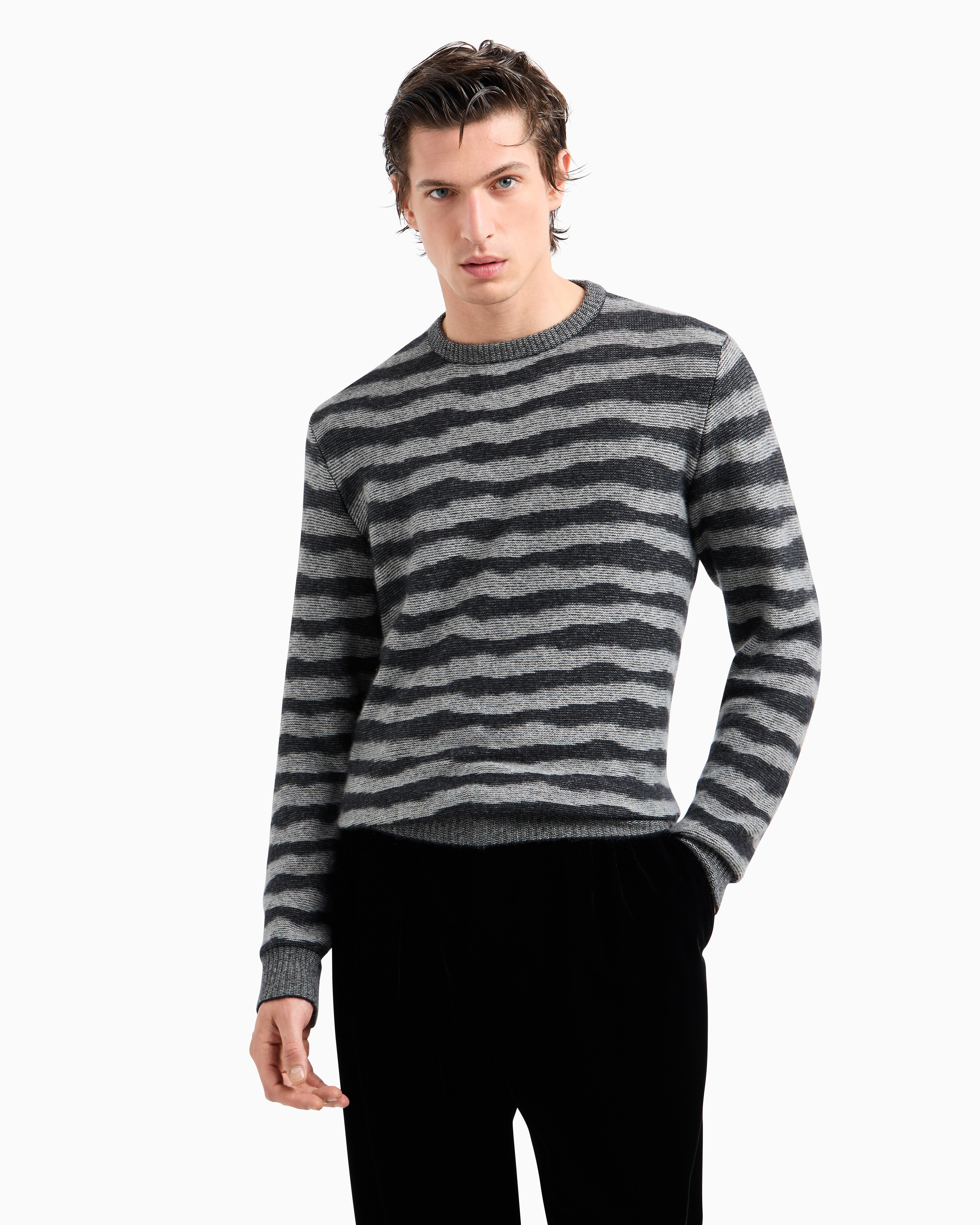 Giorgio Armani Cashmere, Viscose And Silk-blend Jacquard Crew-neck Jumper In Grey