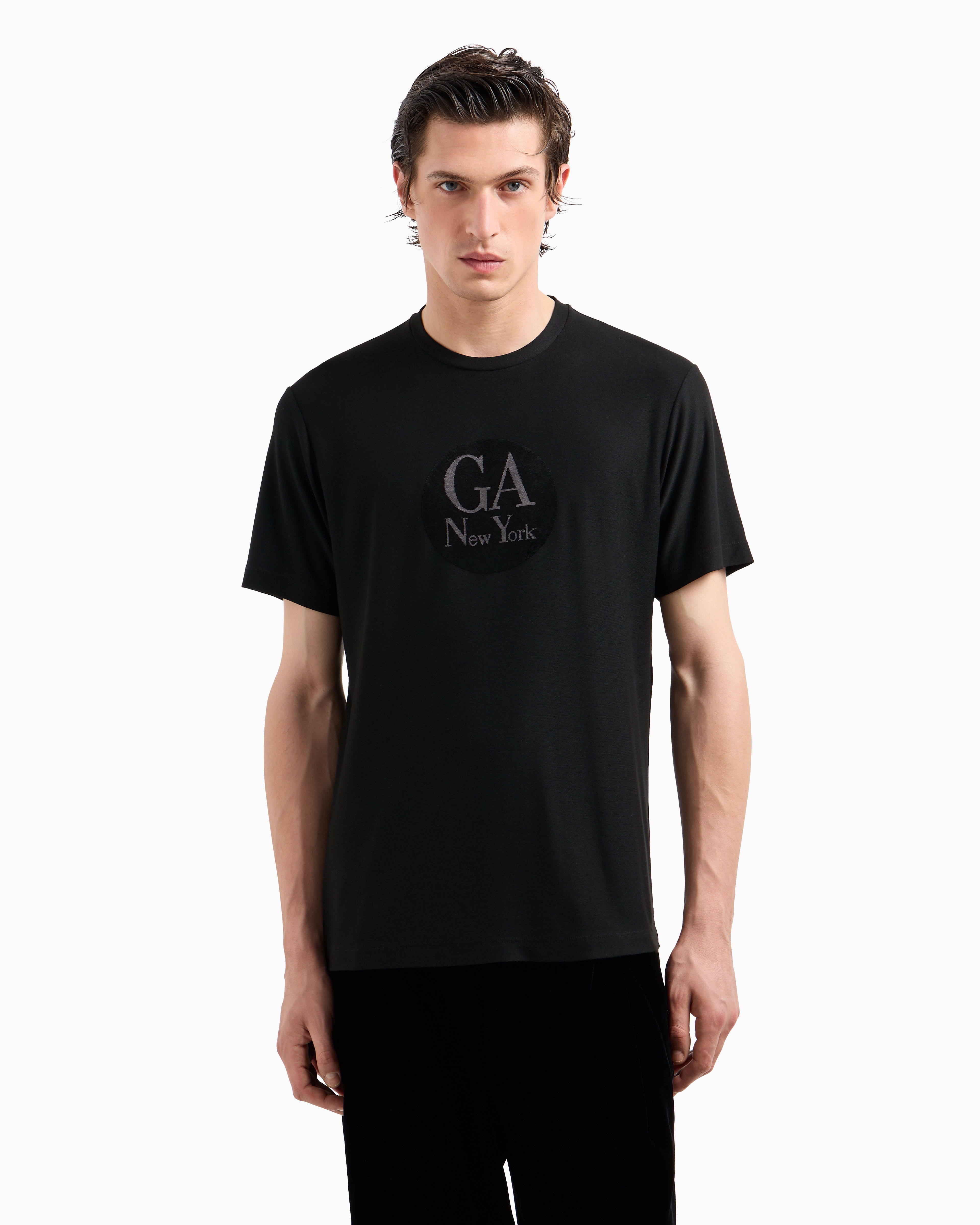 GIORGIO ARMANI VISCOSE CREW-NECK T-SHIRT WITH A VELVET INSERT