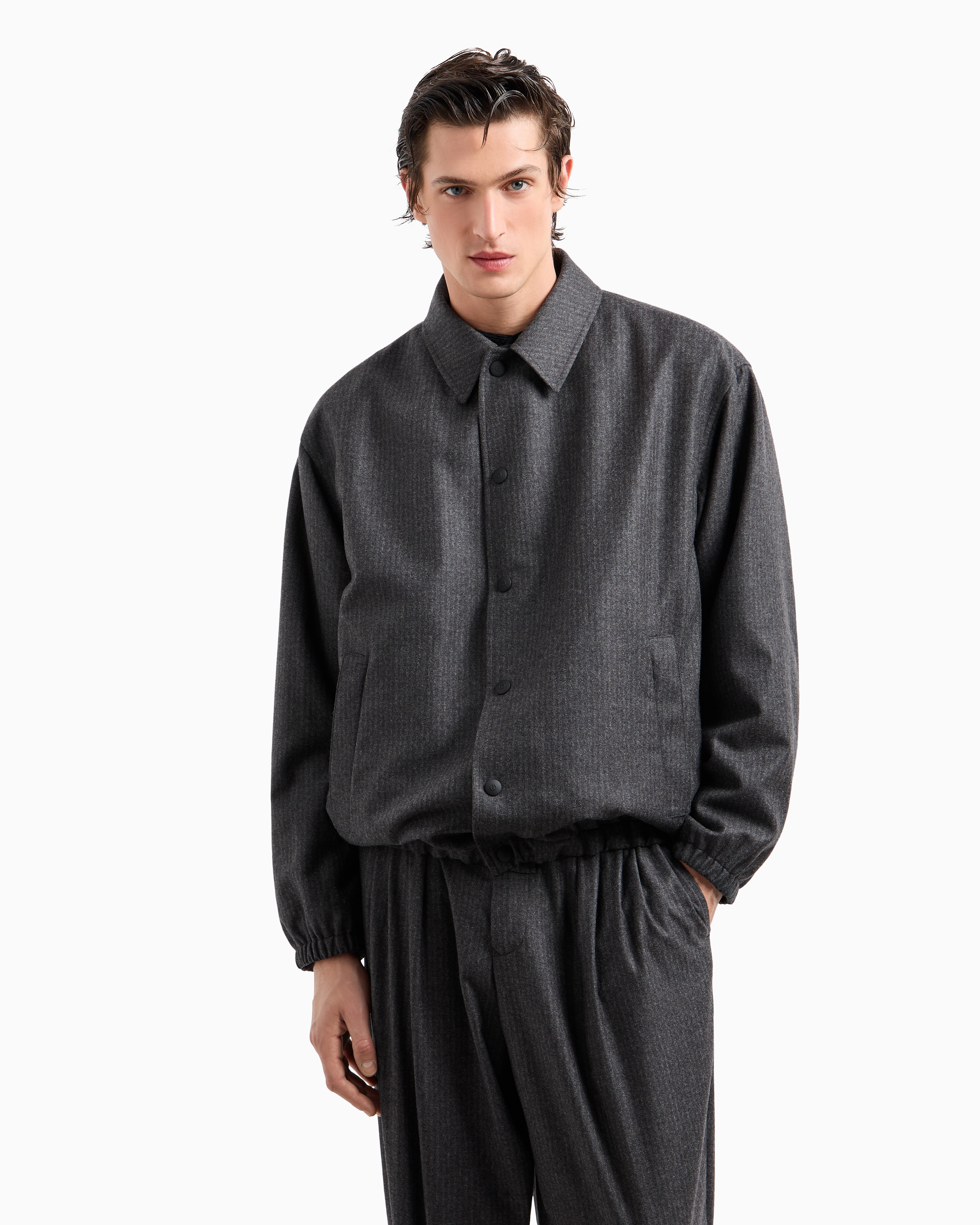 Giorgio Armani Virgin Wool And Cashmere Blouson With Jacquard Pinstripes In Grey