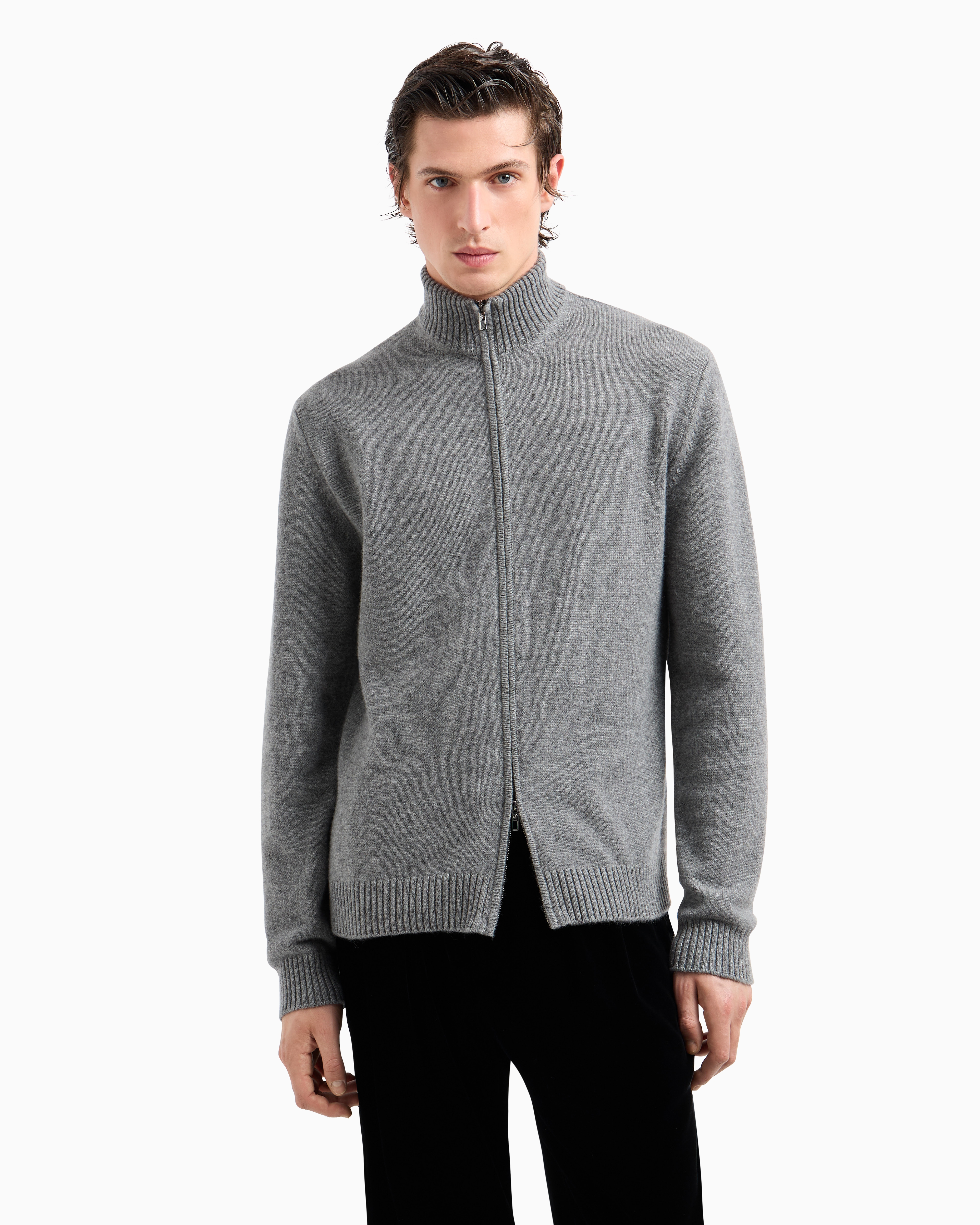 Giorgio Armani Cashmere Zip-up Mock-neck Cardigan In Grey