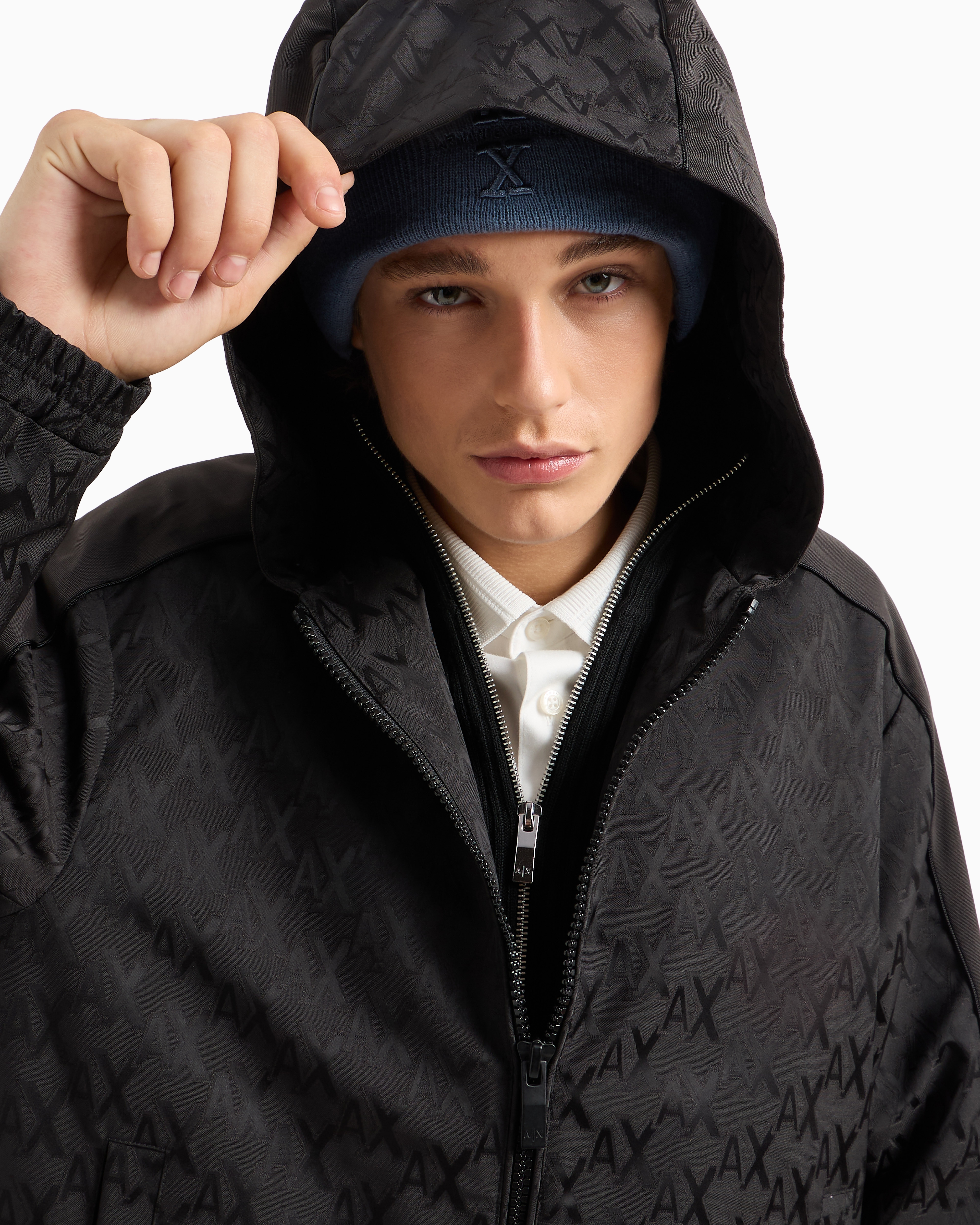 Shop Armani Exchange Blouson With Hood In Monogram Coated Fabric In Black