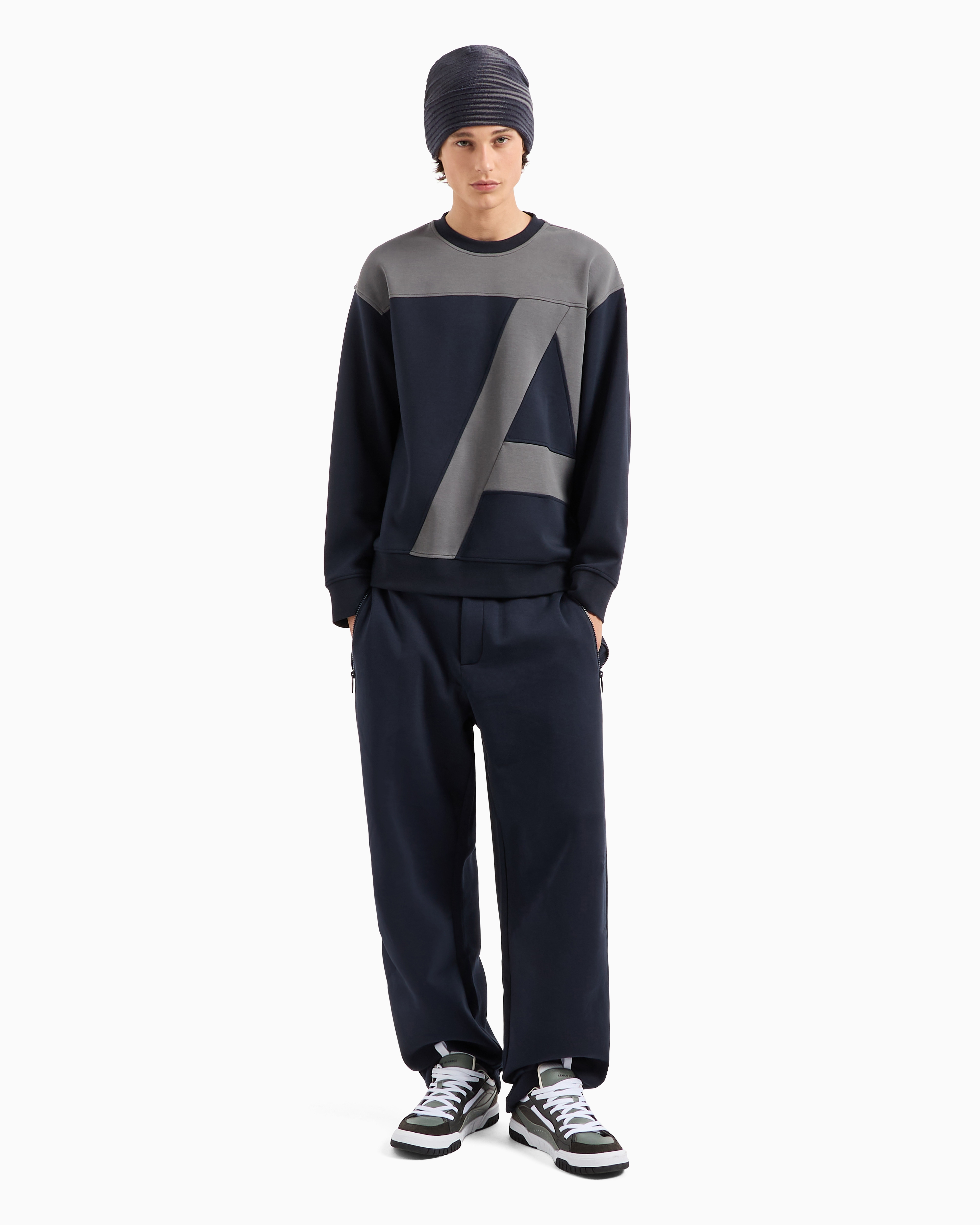 Shop Armani Exchange Asv Organic Cotton Crewneck Sweatshirt With Maxi Logo And A-line In Navy Blue