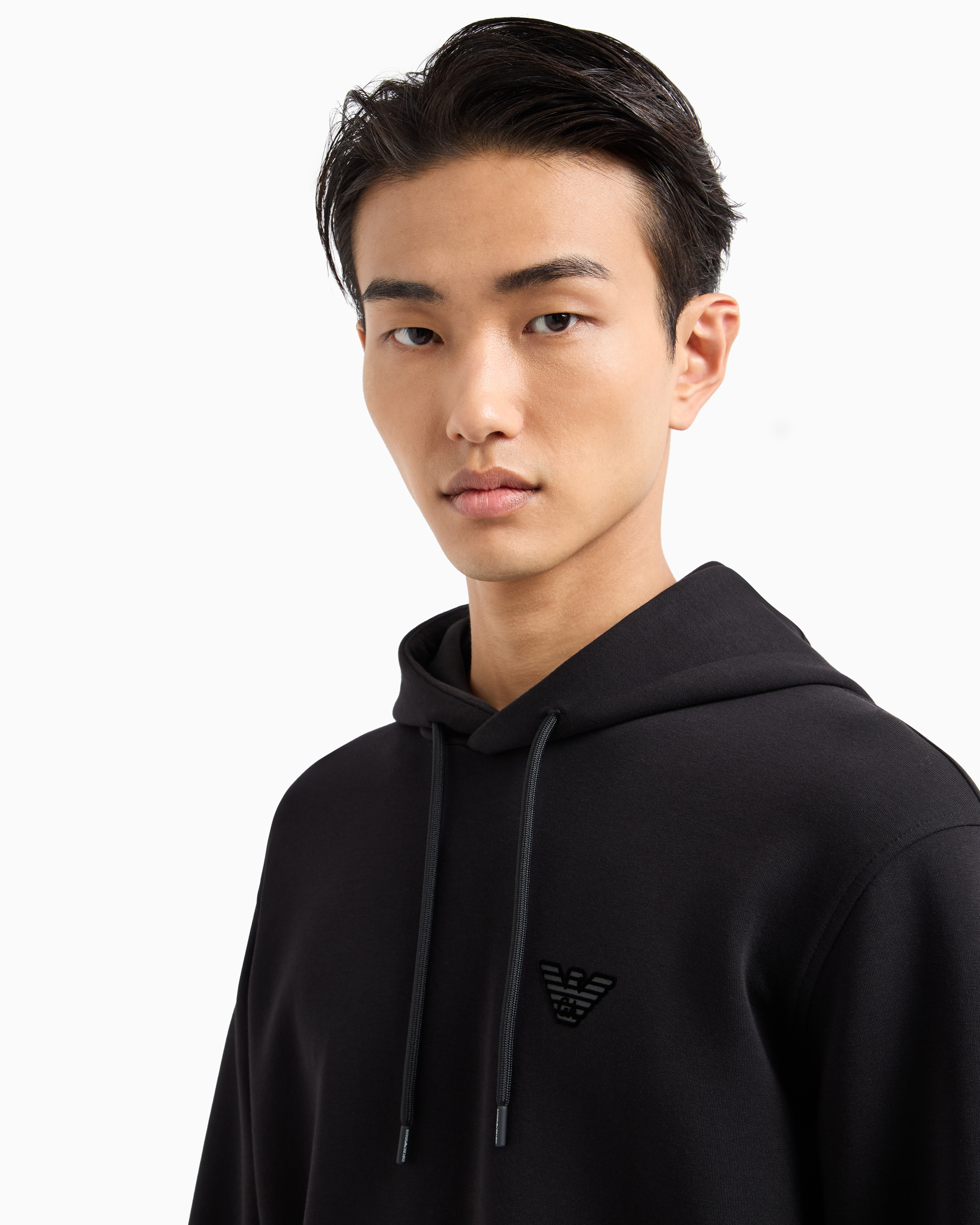 トップス EMPORIO ARMANI HOODED JERSEY Double-jersey hooded sweatshirt with flocked logo | Emporio