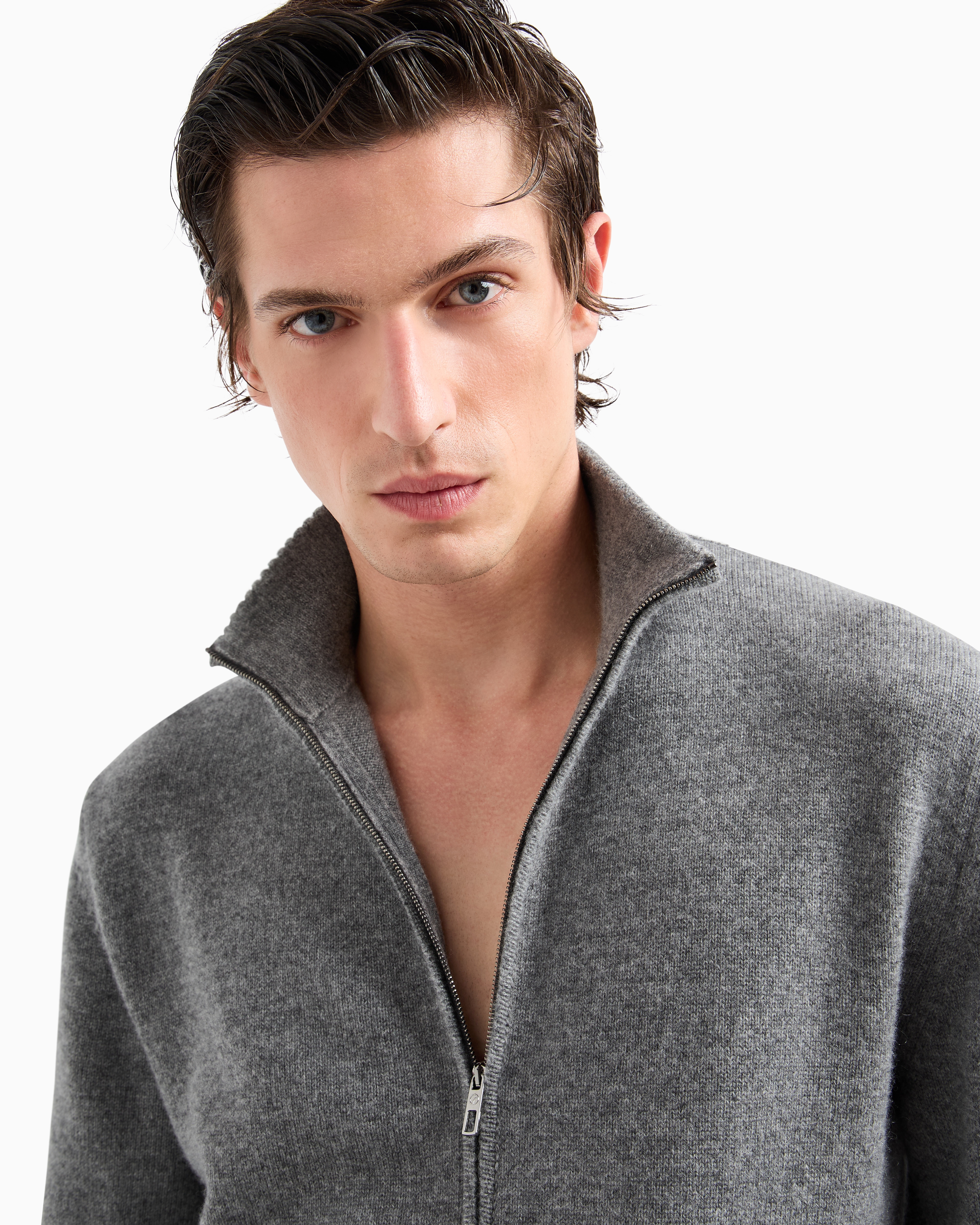 Giorgio Armani Cashmere Zip-up Mock-neck Cardigan In Grey