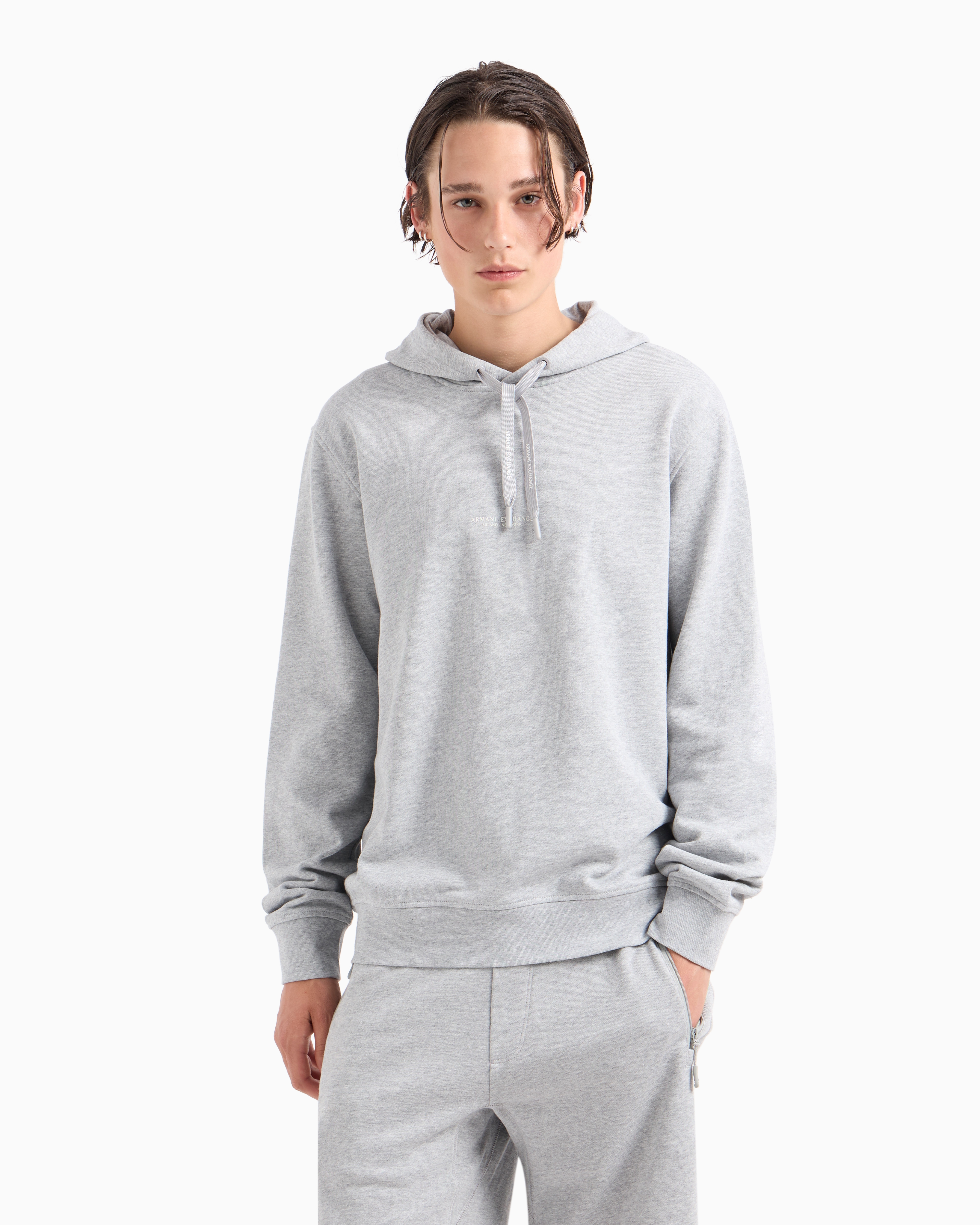 Shop Armani Exchange French Terry Cotton Hoodie With Logo In Grey