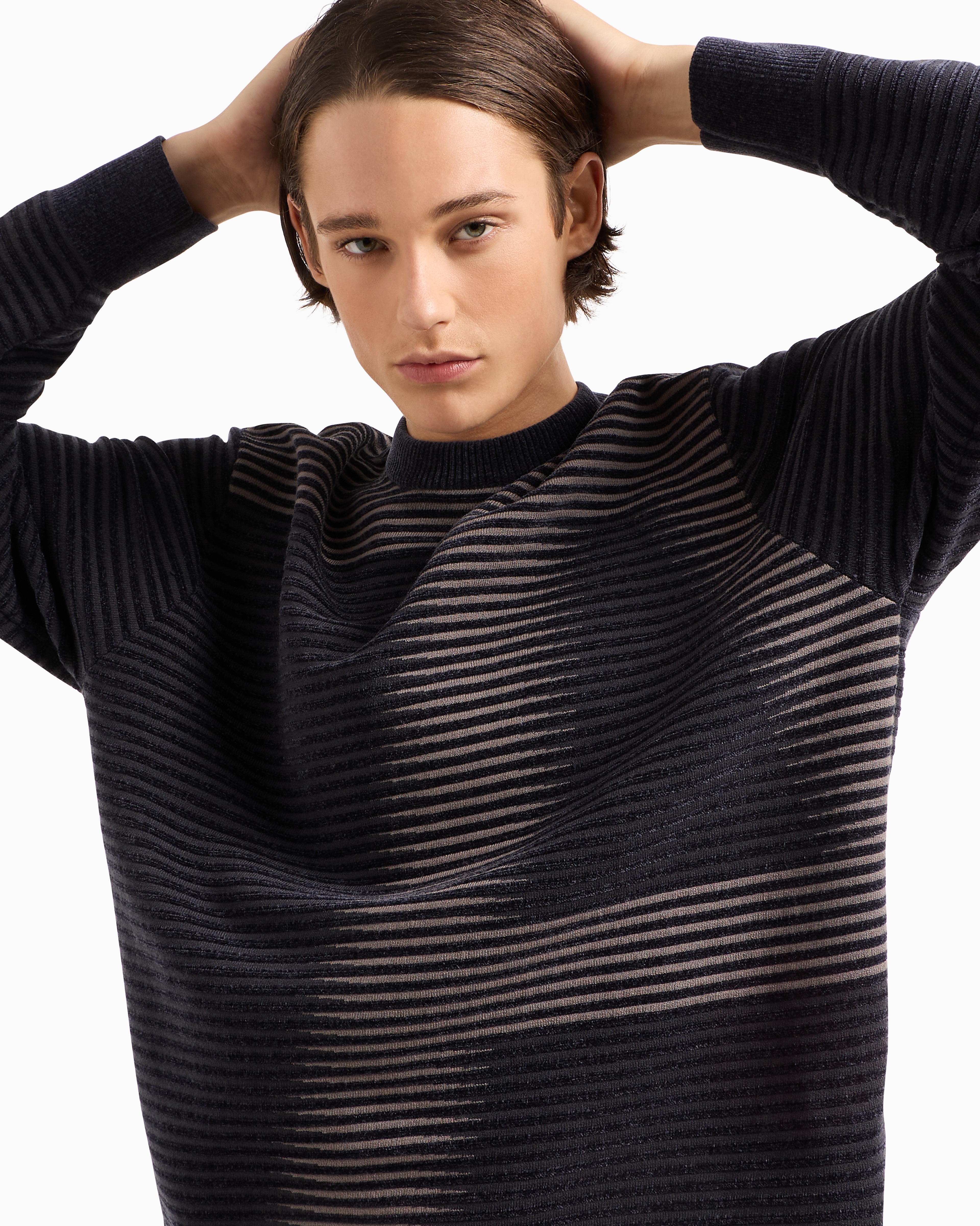 Shop Armani Exchange A Line Logo Striped Crewneck Sweater In Navy Blue