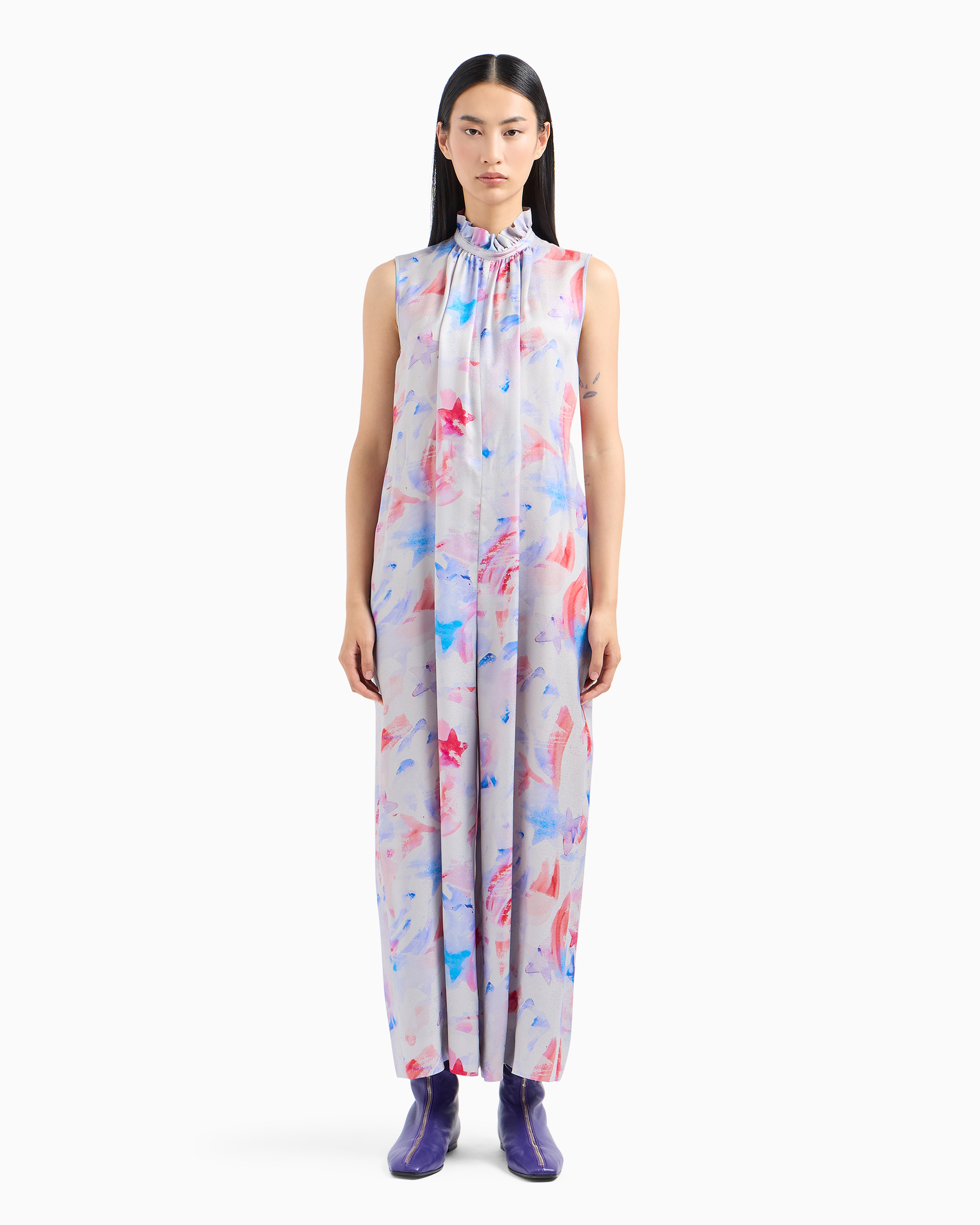 Emporio Armani Sleeveless Jumpsuit With A Belt In Satin Crêpe With A Fancy Watercolour-effect Print In Fantaisie