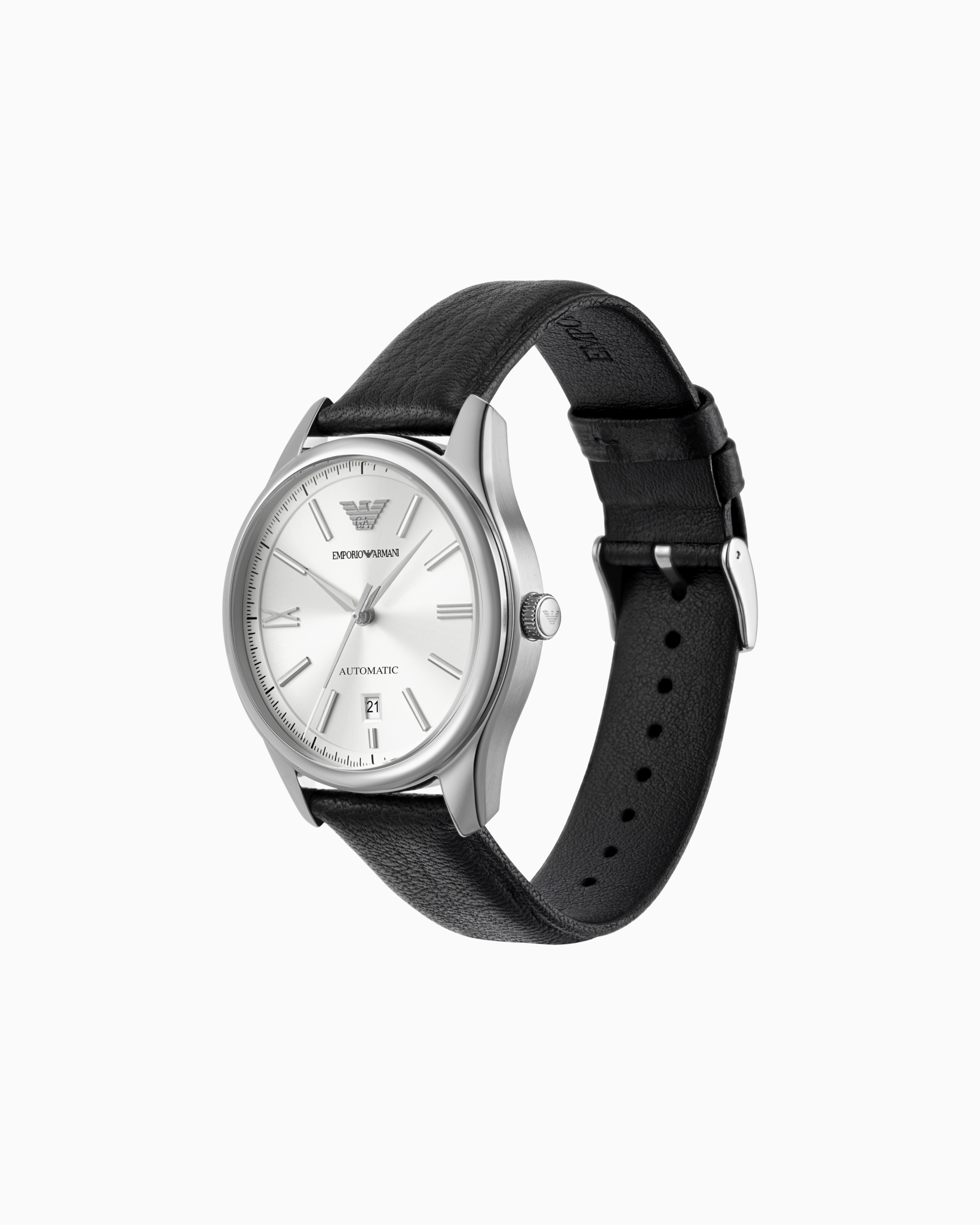 Emporio Armani Automatic Three-hand Date Black Leather Watch In Multicoloured