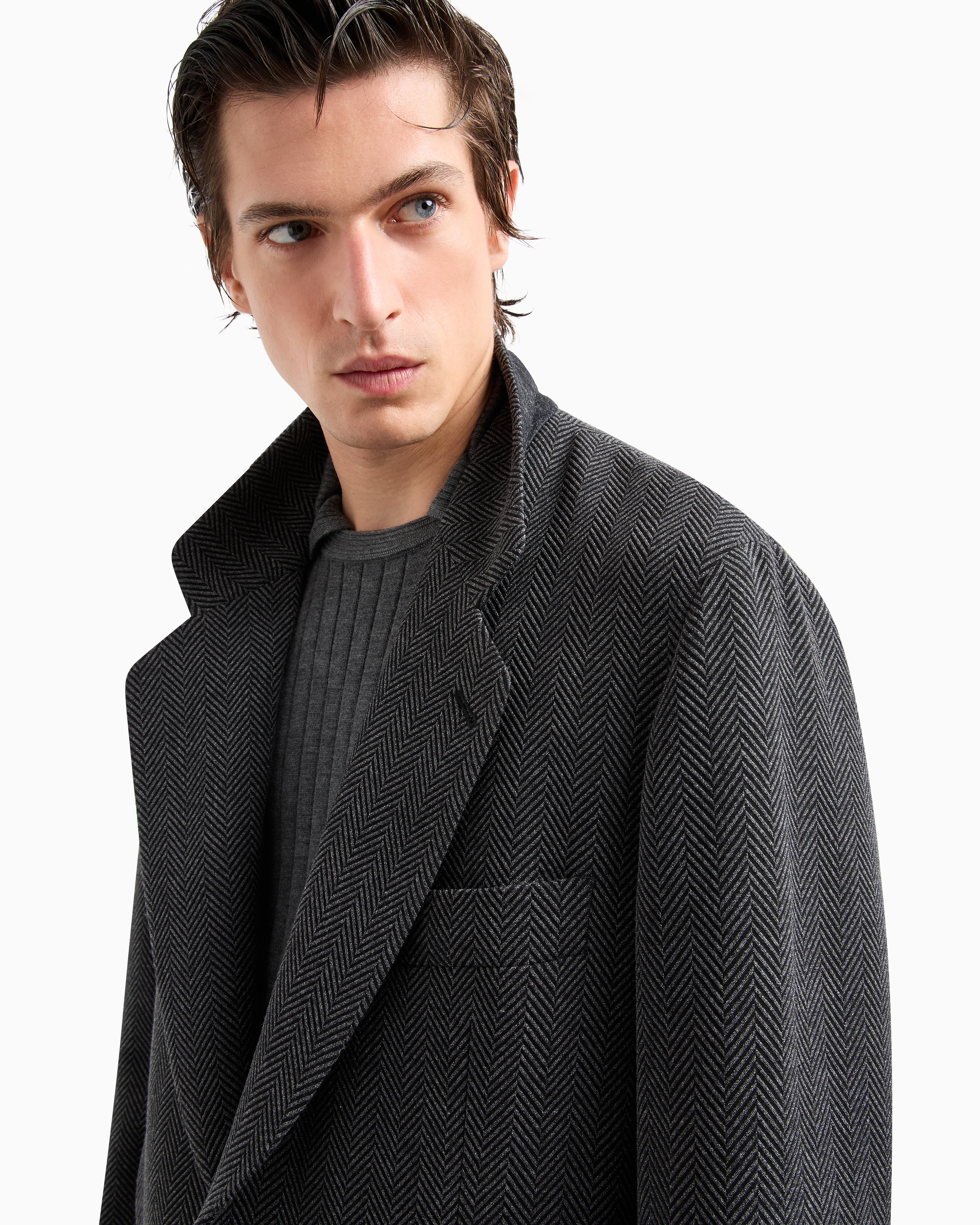 Giorgio Armani Heritage Line Single-breasted Jacket In Chevron Jacquard Stretch Virgin Wool In Black