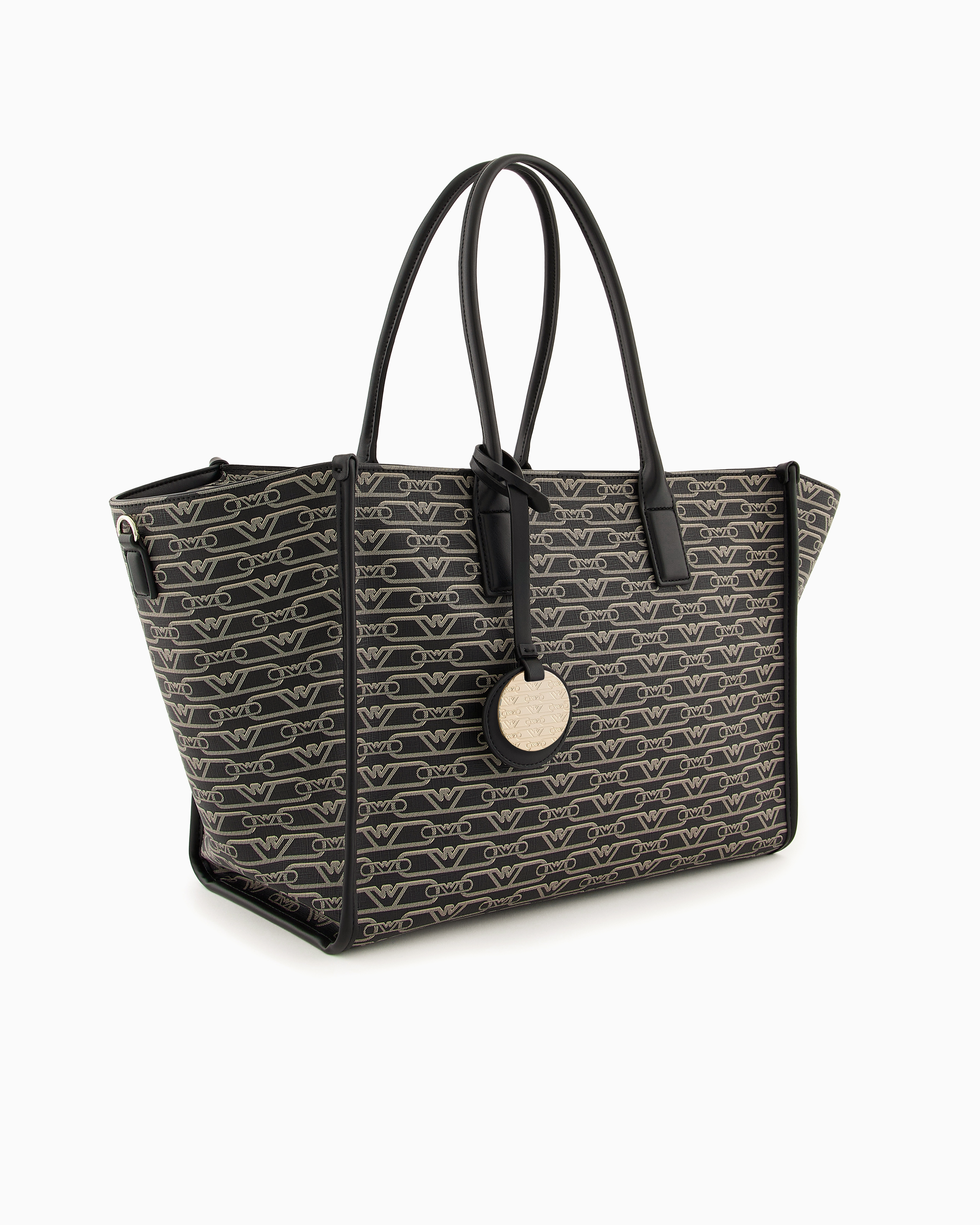 Emporio Armani Official Store Medium Shopper Bag With All-over Monogram Print In Noir