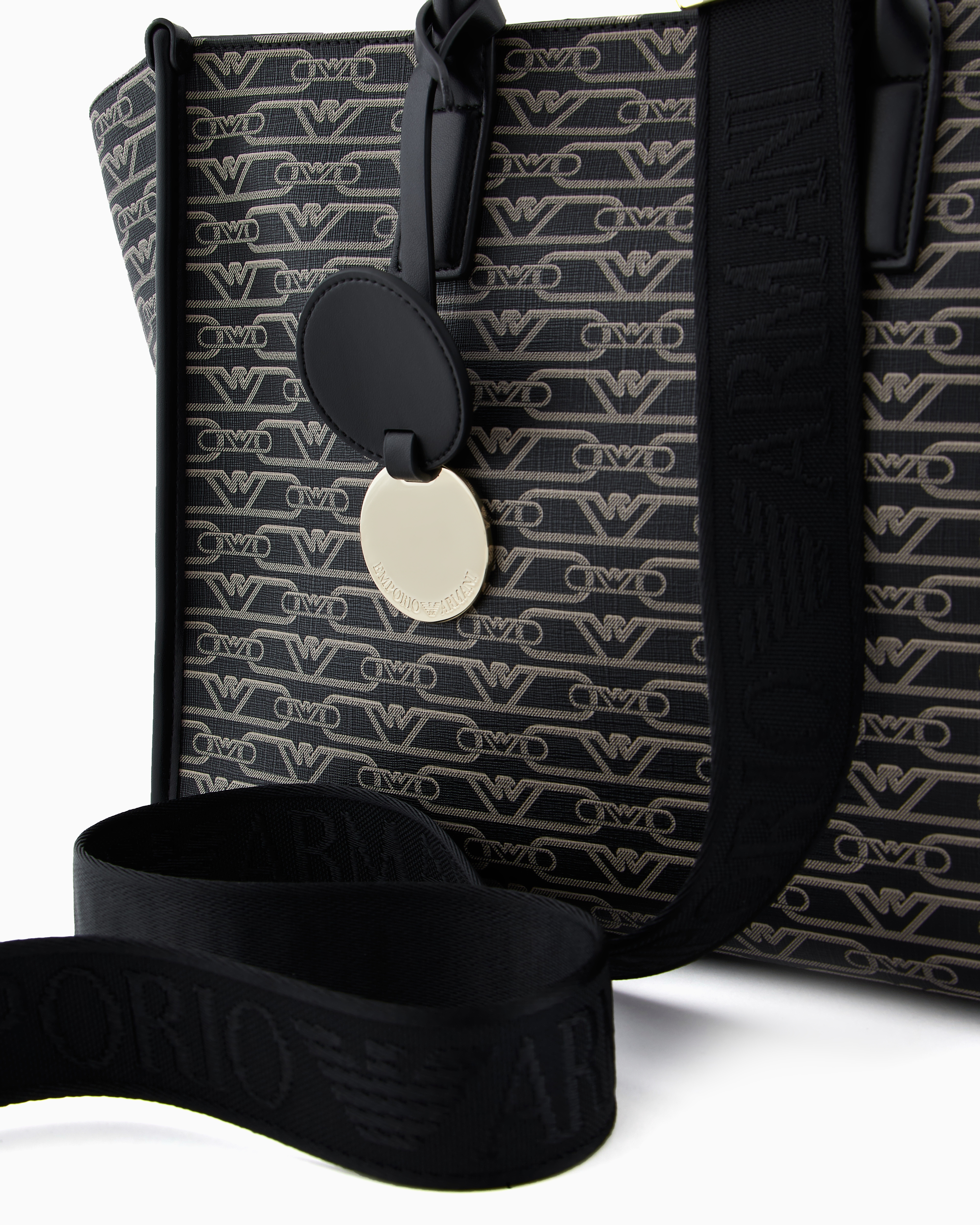 Emporio Armani Official Store Medium Shopper Bag With All-over Monogram Print In Noir