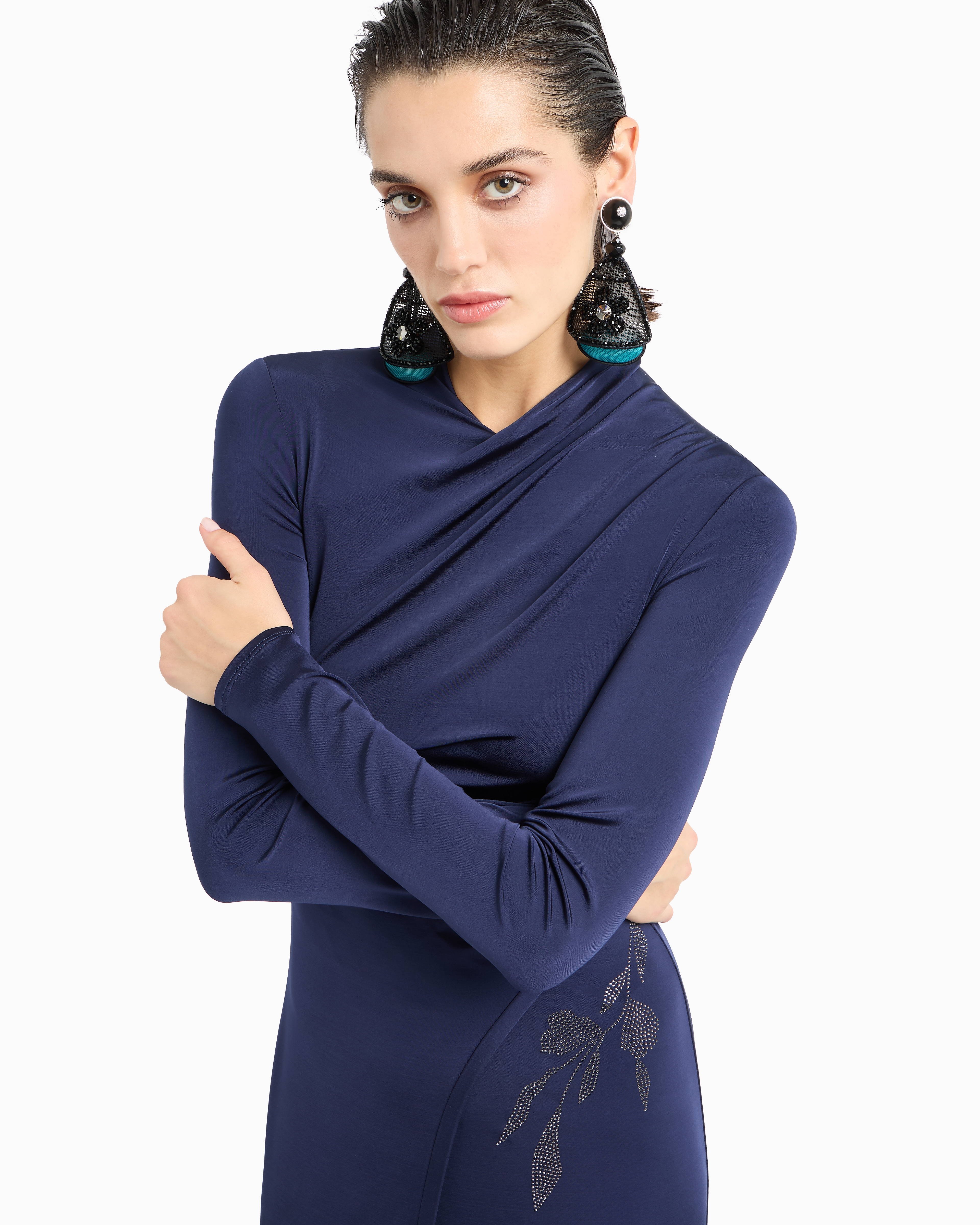 Giorgio Armani Official Store Robe Longue En Jersey De Viscose Stretch Avec Strass Asv In Bleu
