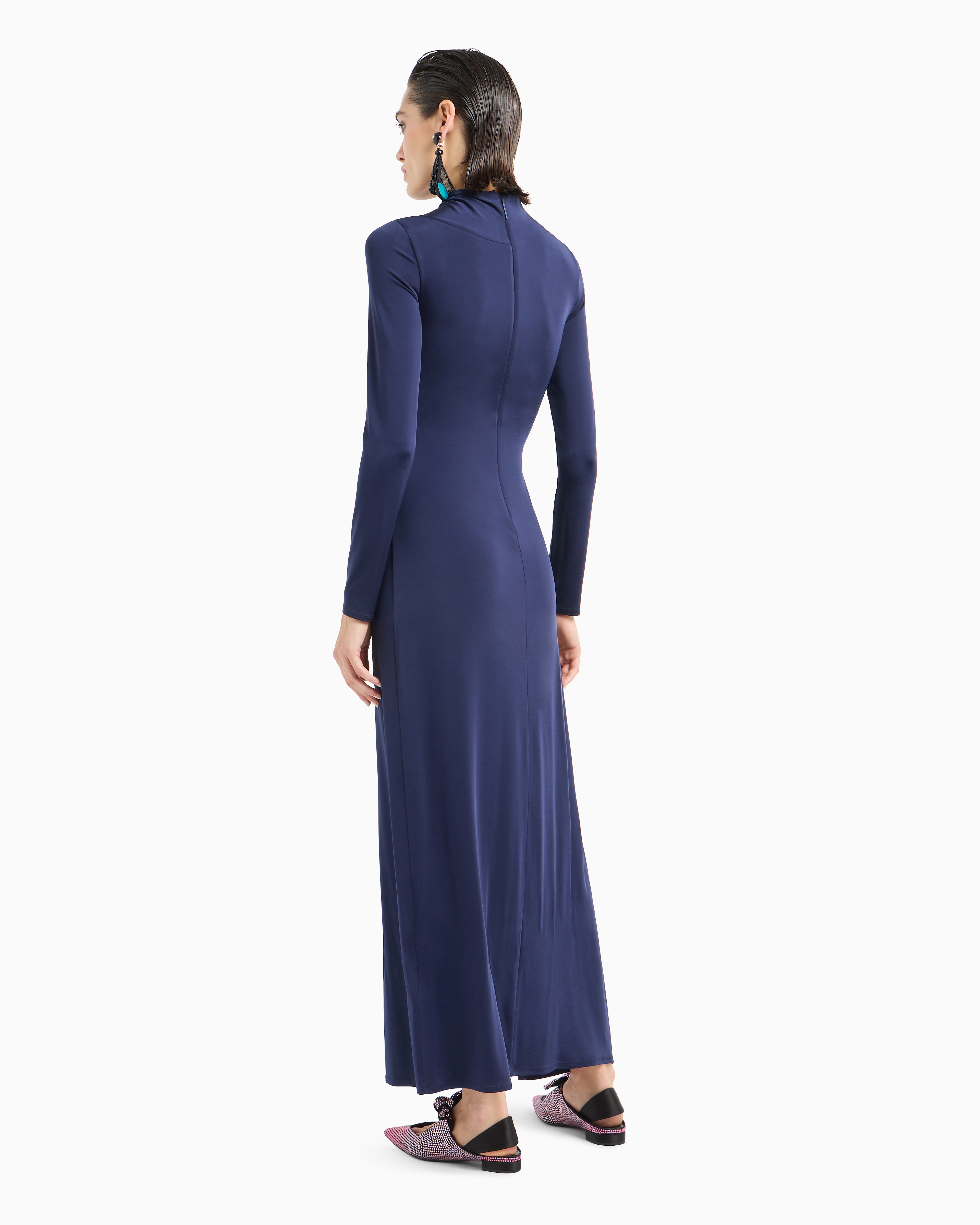 Giorgio Armani Official Store Robe Longue En Jersey De Viscose Stretch Avec Strass Asv In Bleu