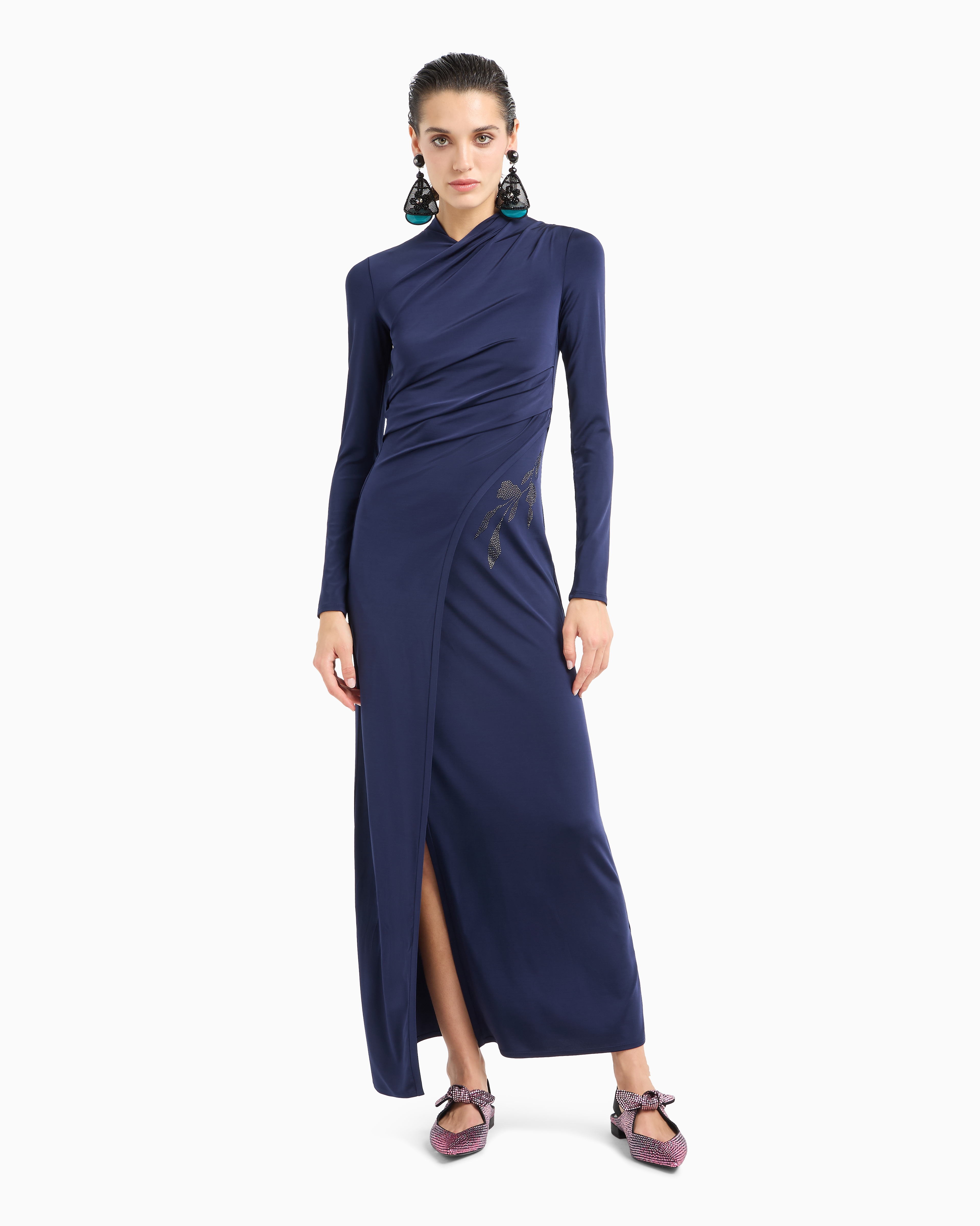 Giorgio Armani Official Store Robe Longue En Jersey De Viscose Stretch Avec Strass Asv In Bleu