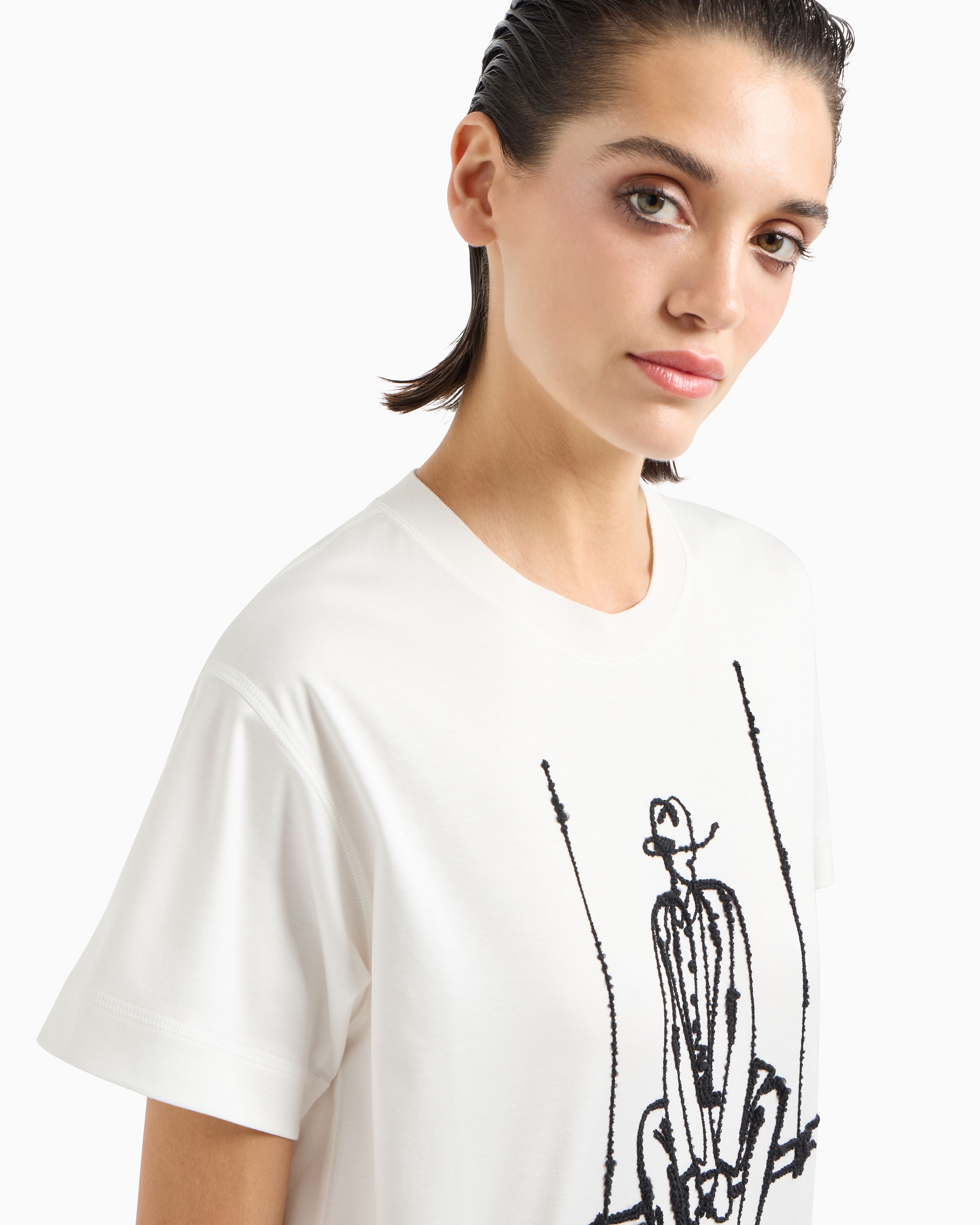 Shop Giorgio Armani Cotton Interlock Crew-neck T-shirt With Contrasting Embroidery In Fantaisie