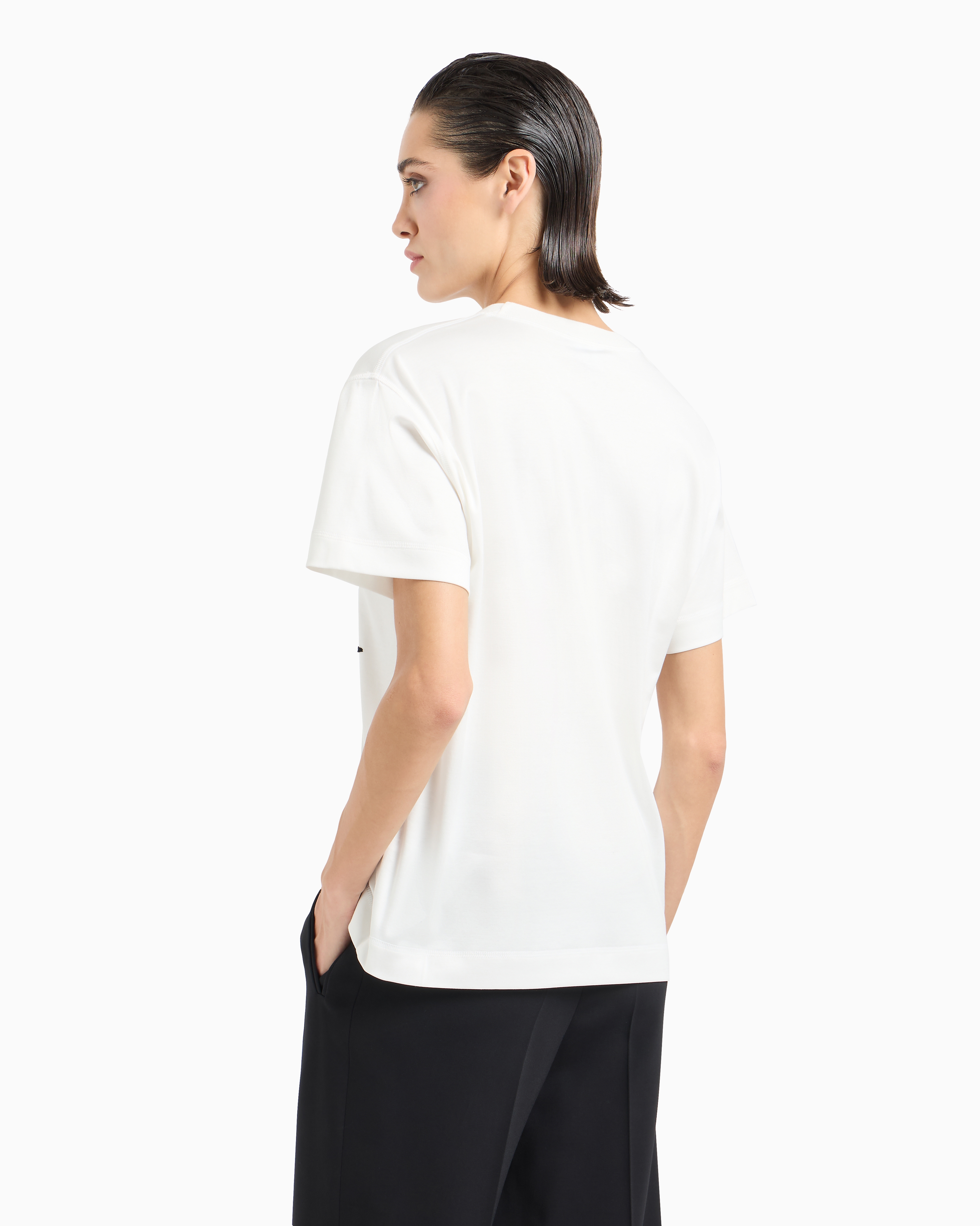 Shop Giorgio Armani Cotton Interlock Crew-neck T-shirt With Contrasting Embroidery In Fantaisie