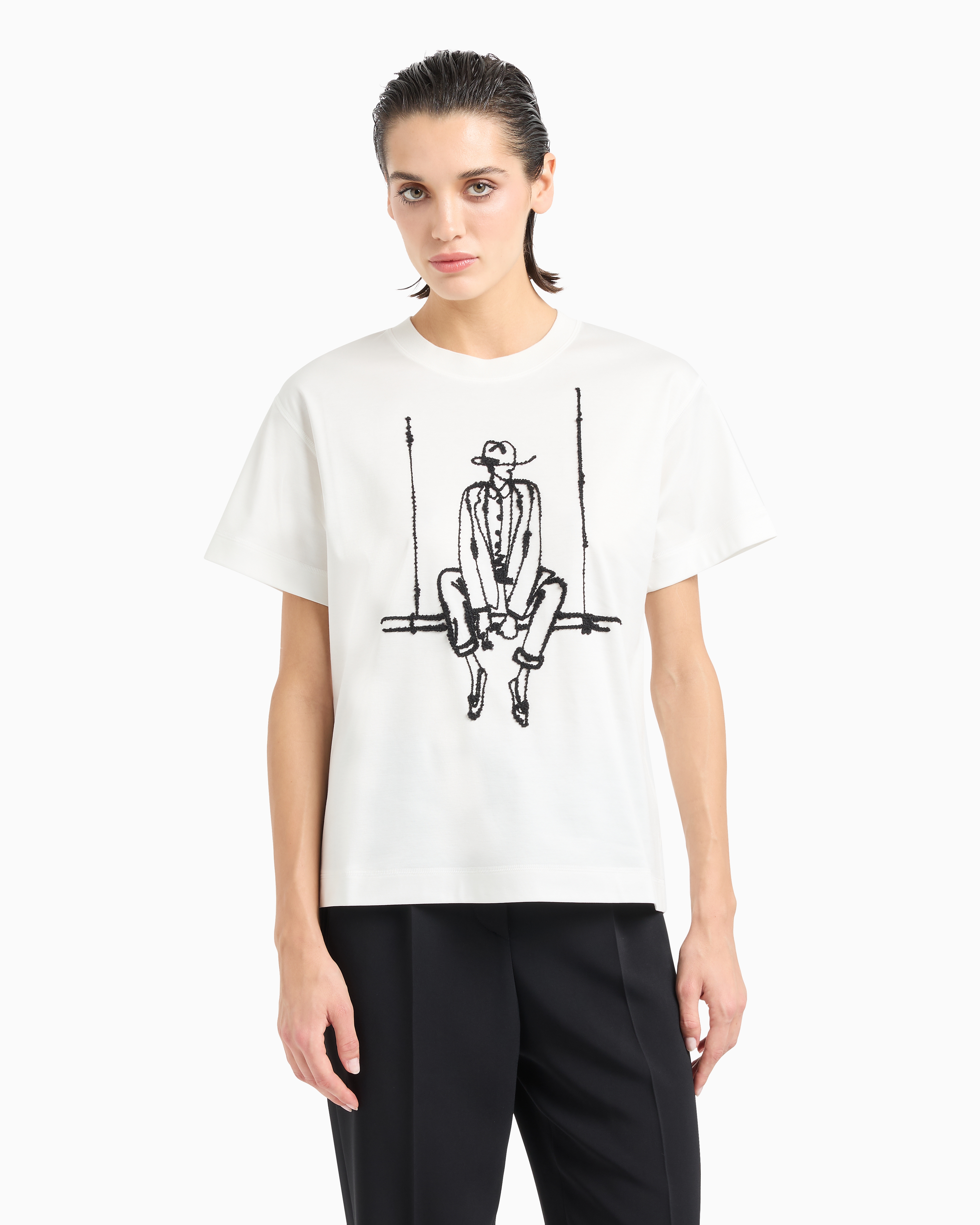 Shop Giorgio Armani Cotton Interlock Crew-neck T-shirt With Contrasting Embroidery In Fantaisie