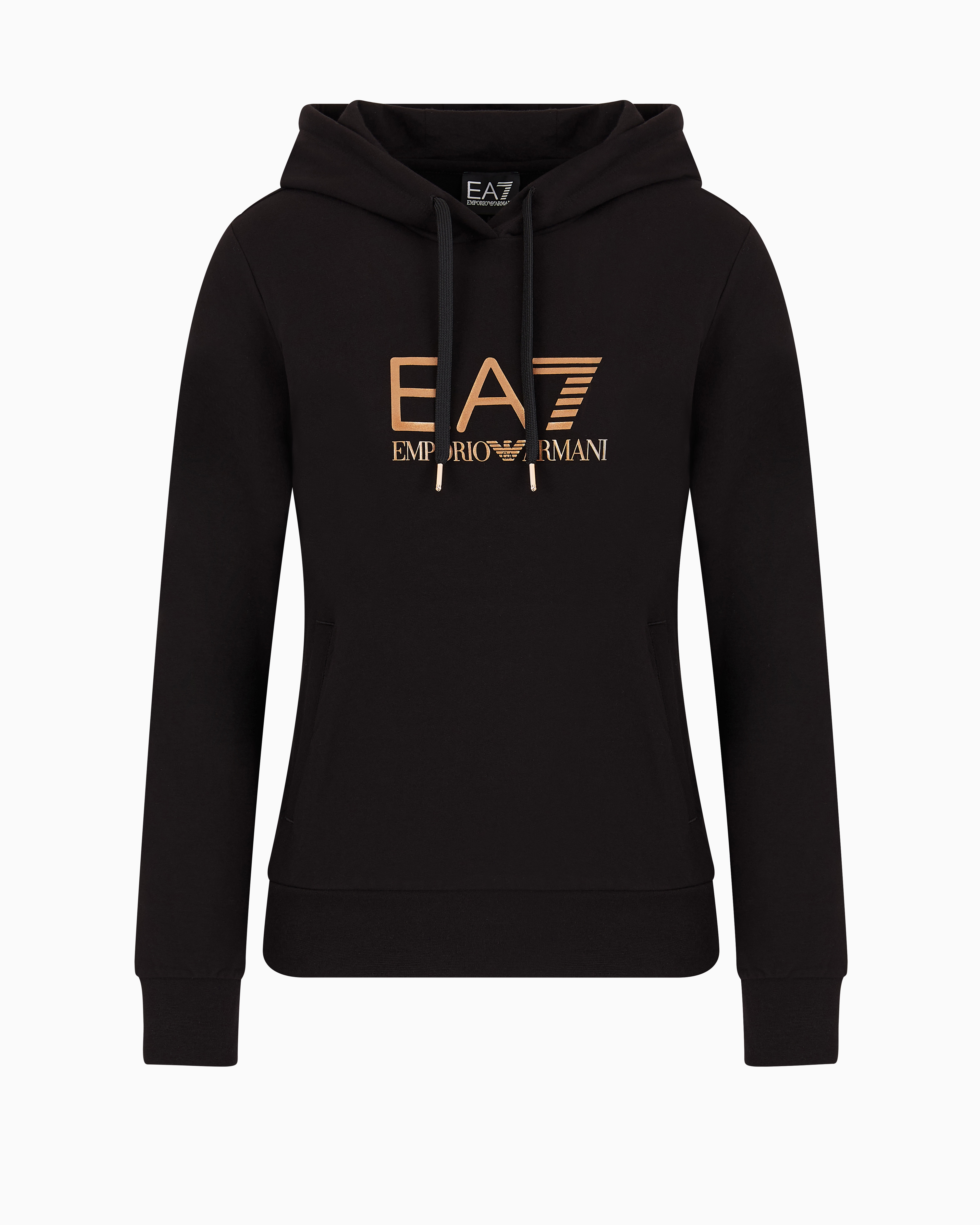 Ea7 Official Store Shiny Stretch-cotton Hooded Sweatshirt In Deep Black