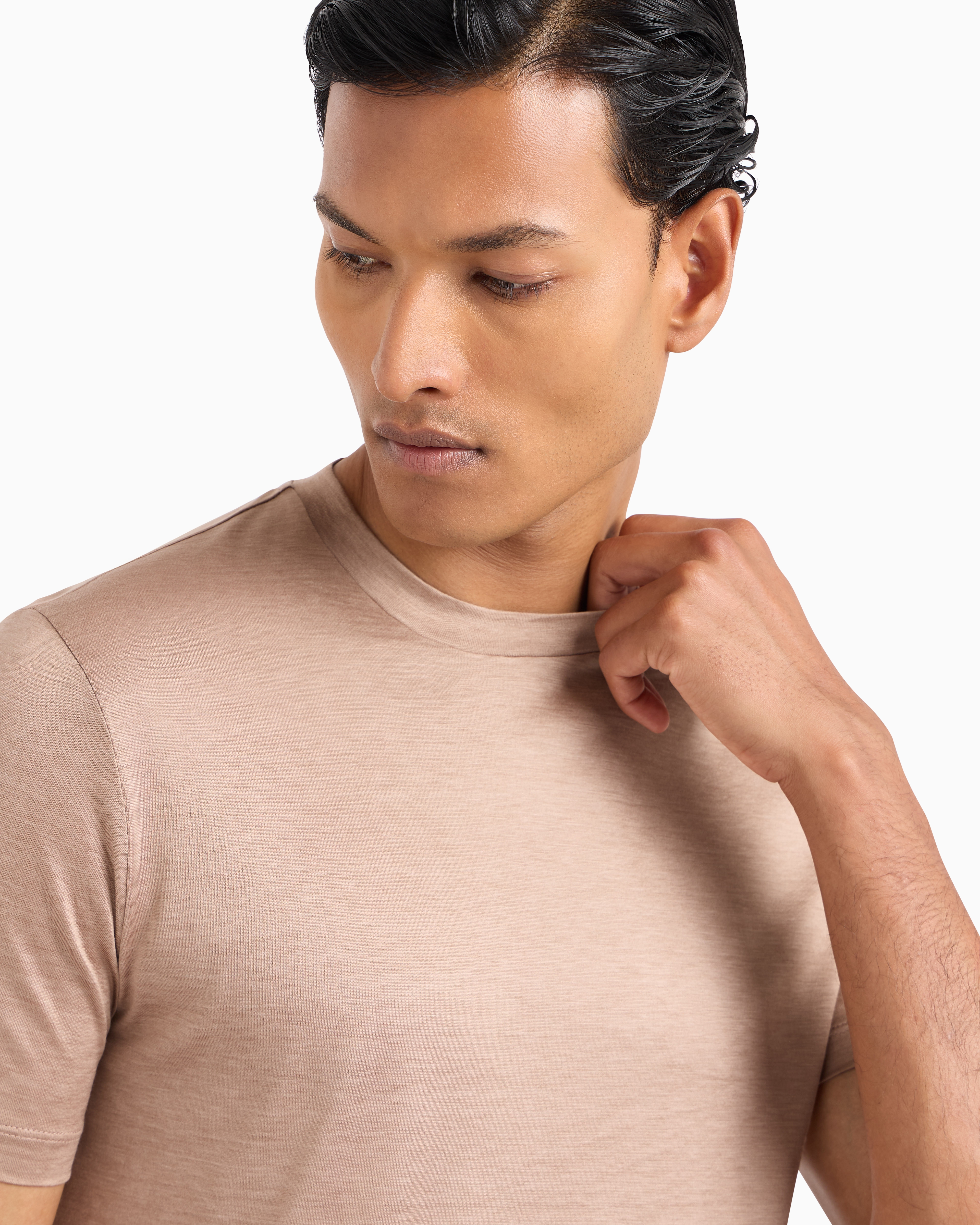 GIORGIO ARMANI PLAIN-KNIT JERSEY T-SHIRT IN A SILK-AND-COTTON BLEND 