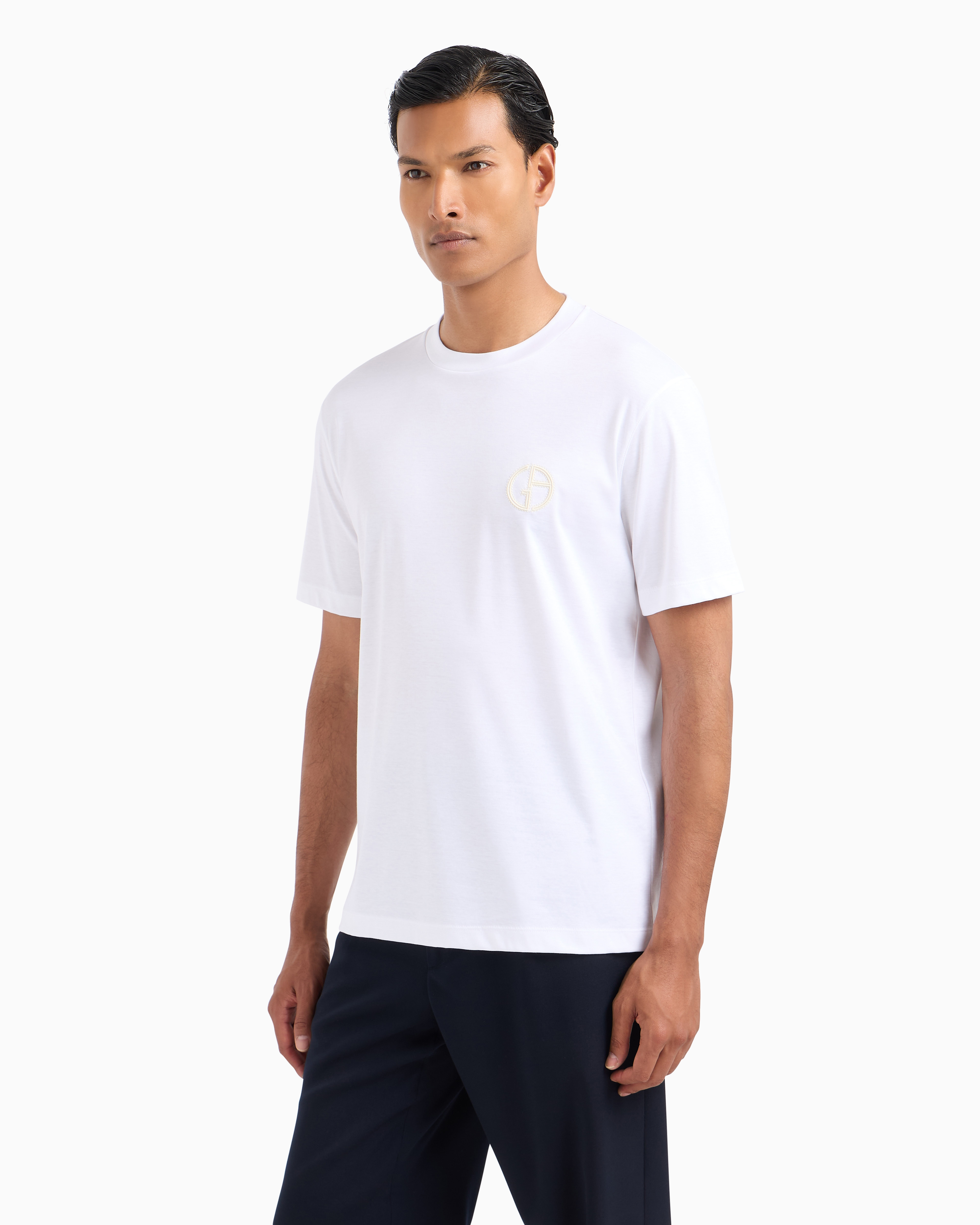 Giorgio Armani Official Store T-shirt Ras-du-cou En Interlock De Coton In Blanc