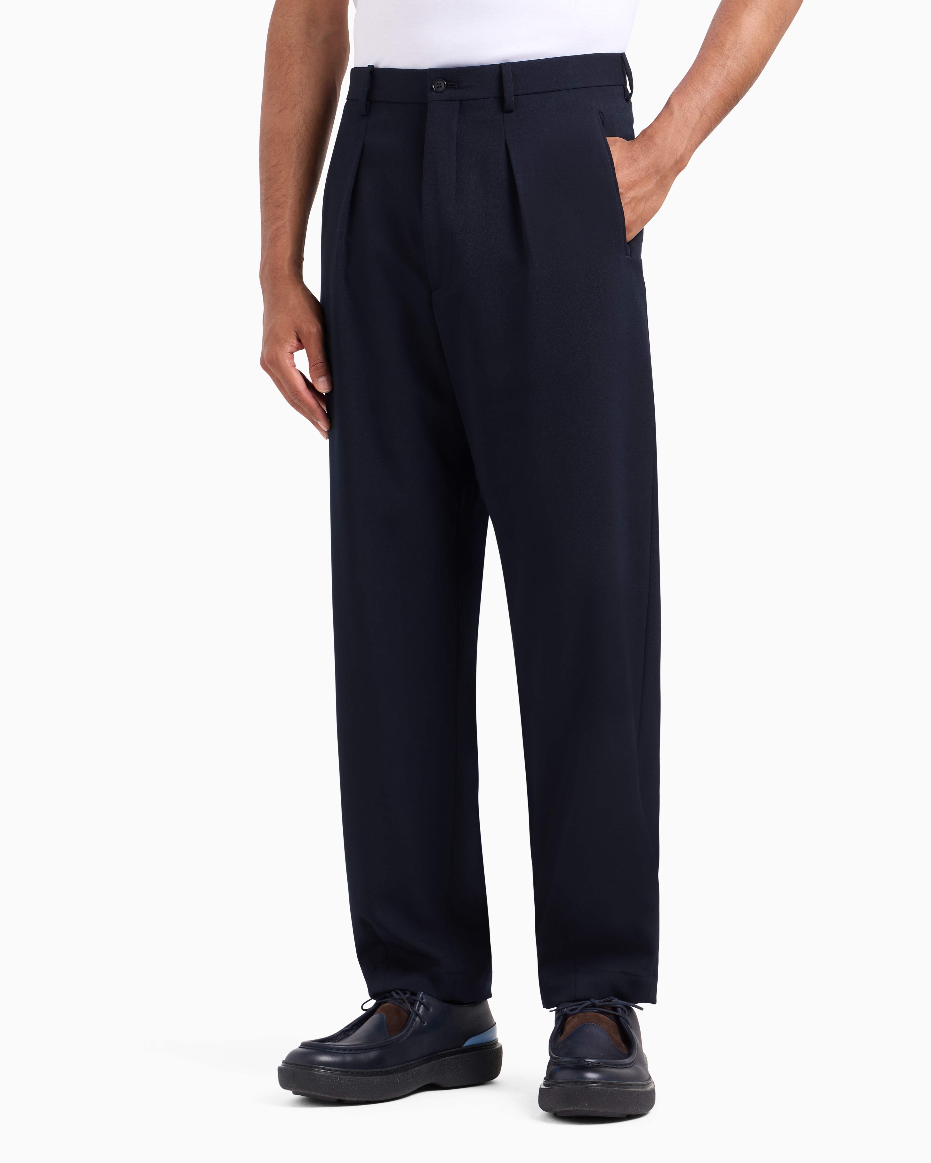 Giorgio Armani Official Store Single-pleat Stretch Virgin Wool Trousers In Blue