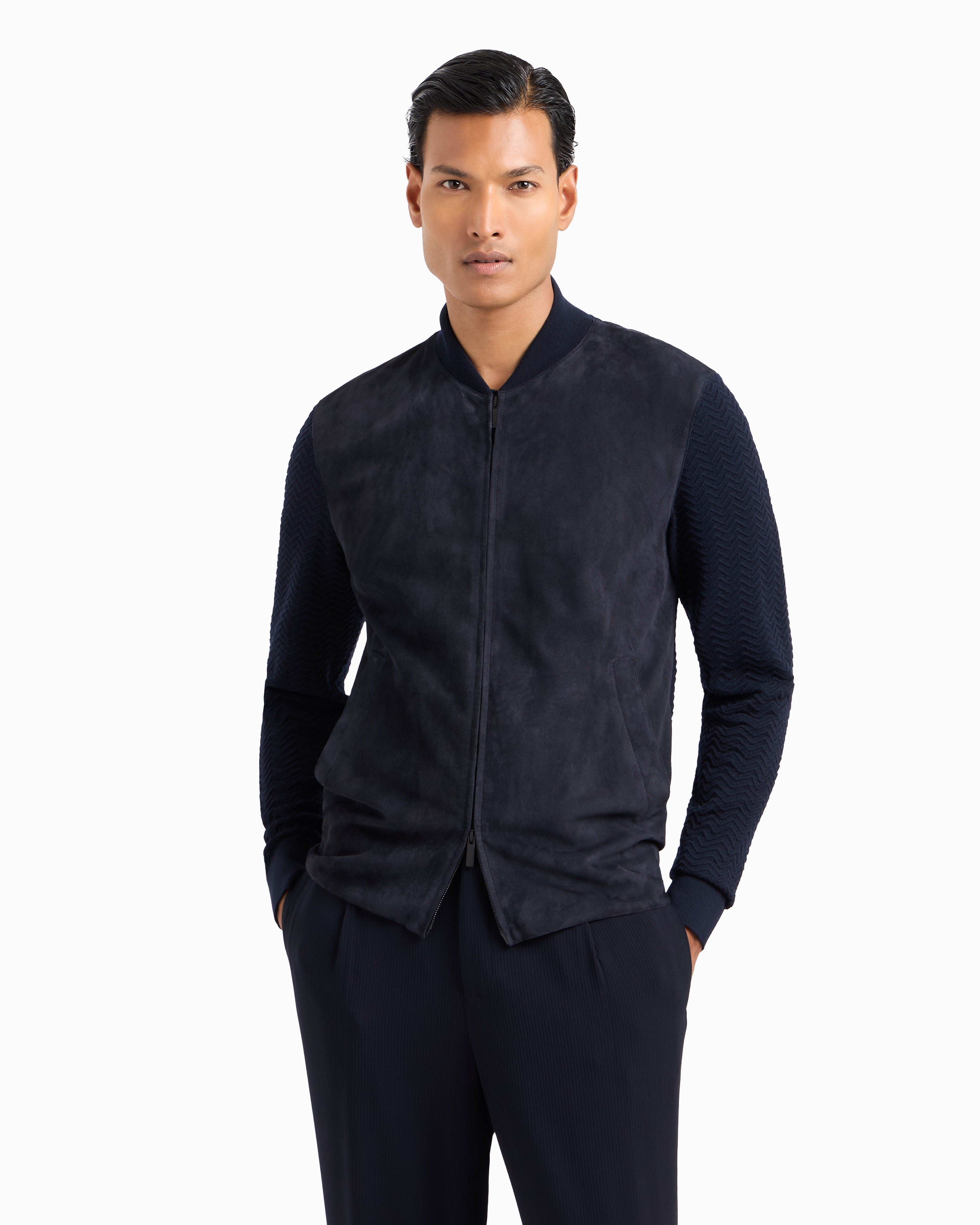 Giorgio Armani Official Store Lambskin Suede And Cashmere-blend Knit Zipped Blouson In Blue