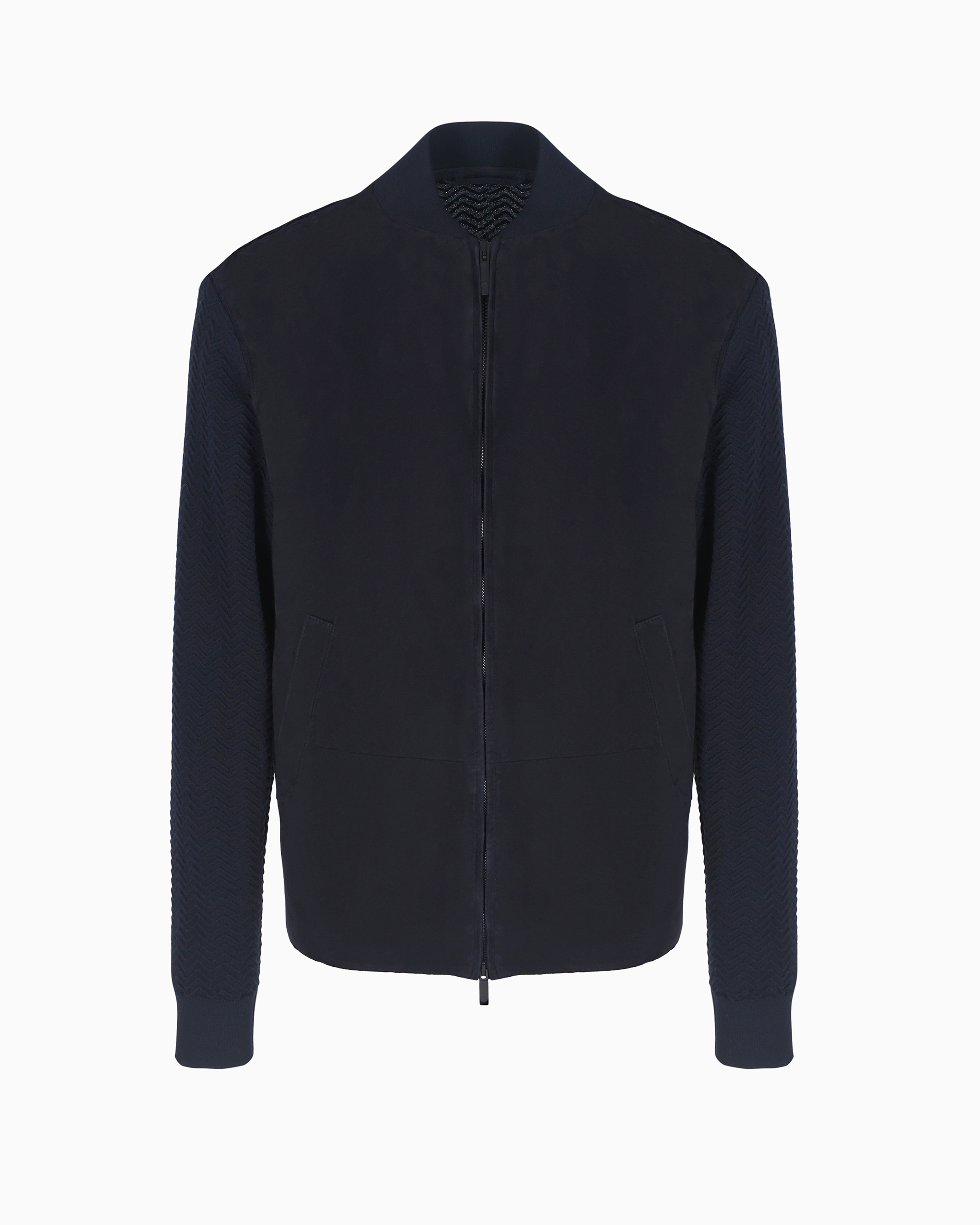 Giorgio Armani Official Store Lambskin Suede And Cashmere-blend Knit Zipped Blouson In Blue