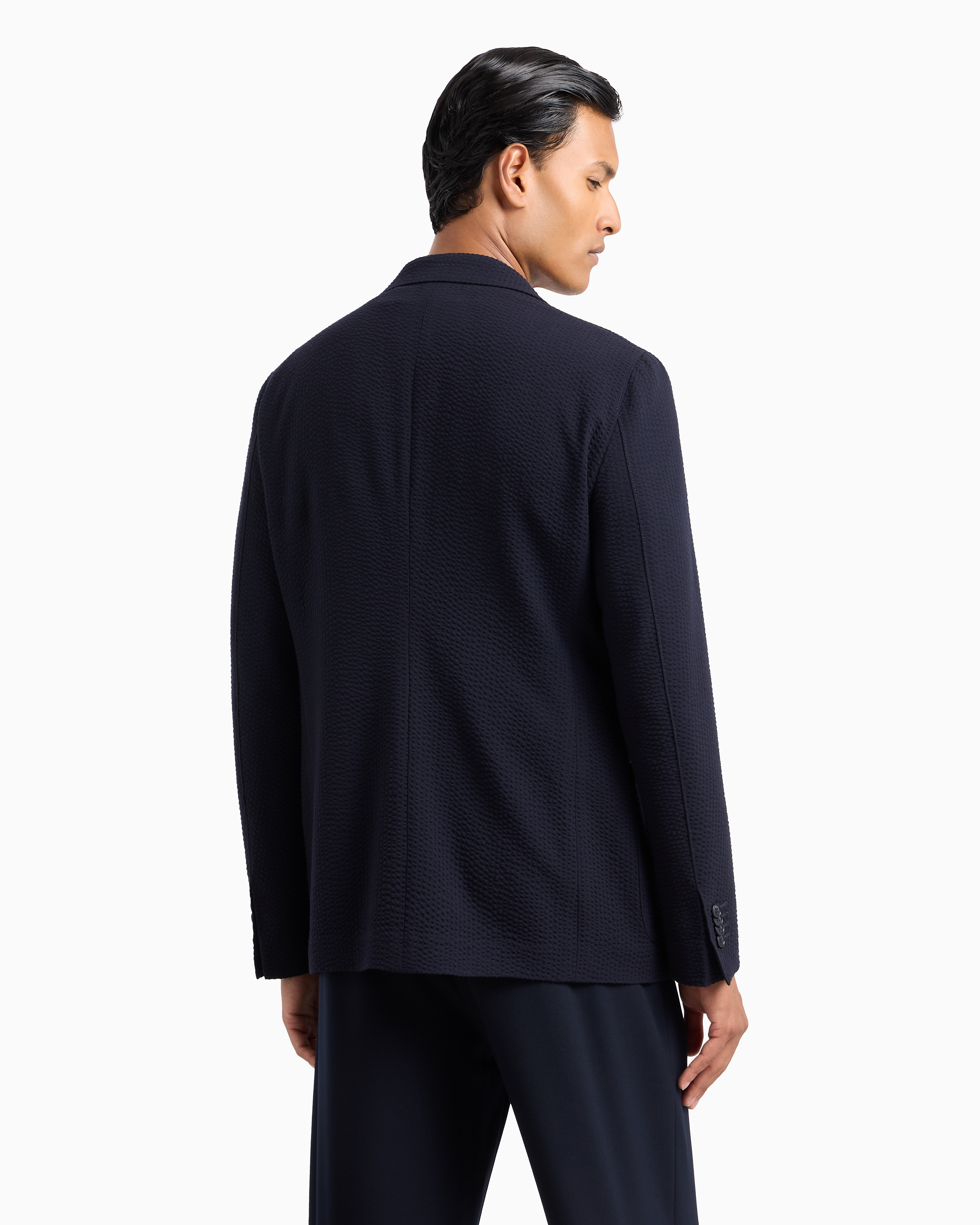 Giorgio Armani Official Store Upton Line Single-breasted Jacket In Virgin Wool And Cashmere Seersucker In Black