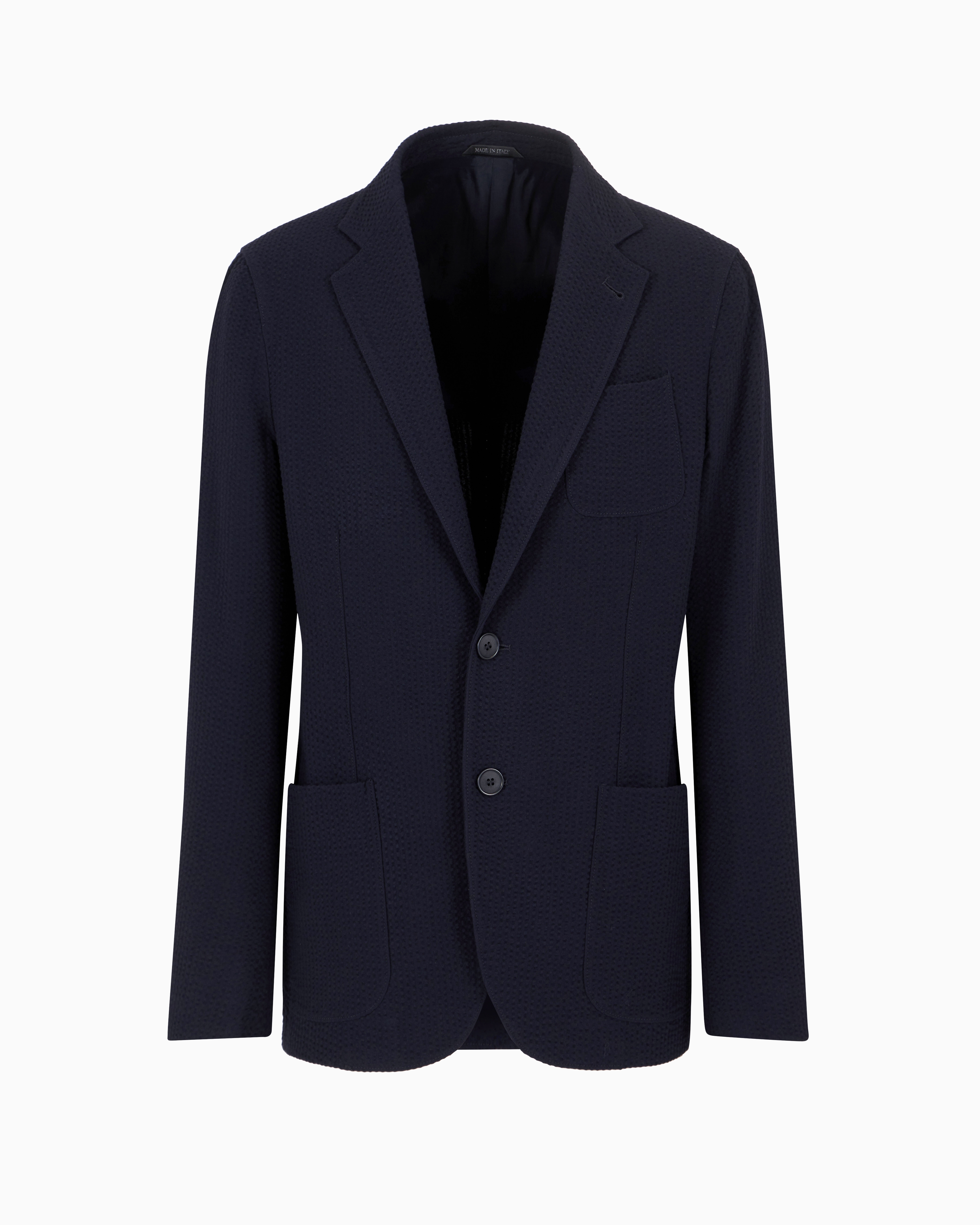 Giorgio Armani Official Store Upton Line Single-breasted Jacket In Virgin Wool And Cashmere Seersucker In Black