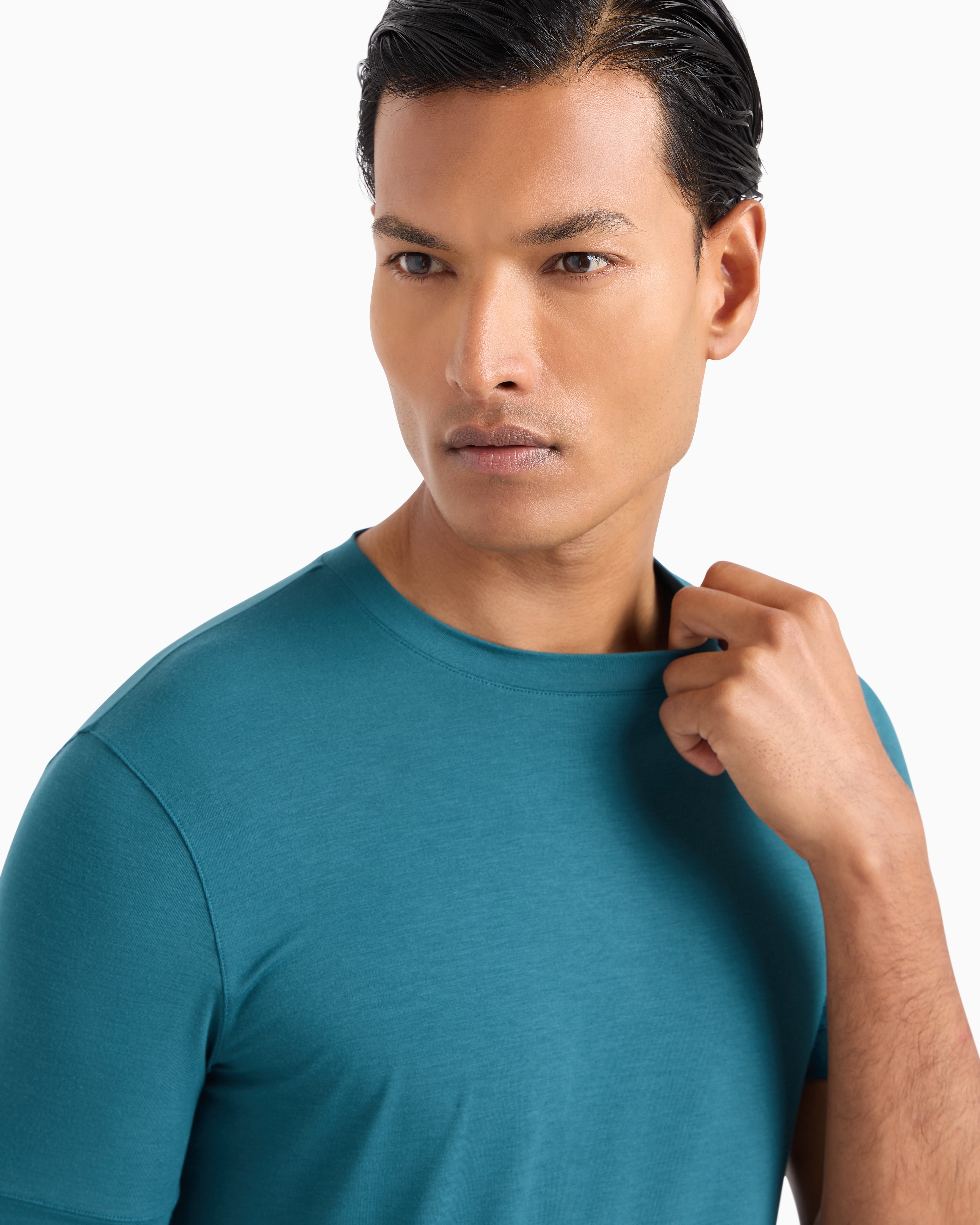 Shop Giorgio Armani Crew-neck Long-sleeved T-shirt In Stretch Viscose Jersey In Green