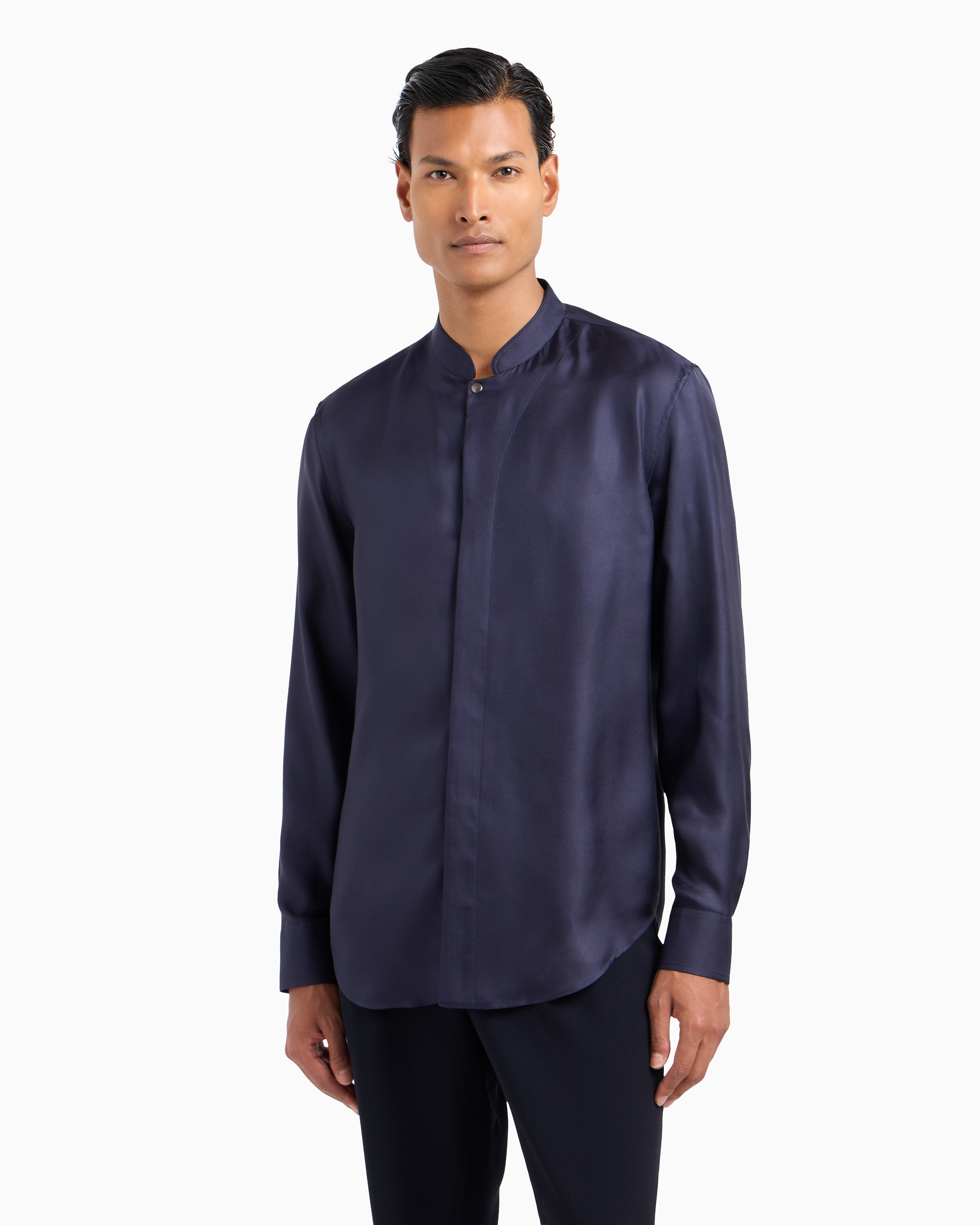 Giorgio Armani Official Store Regular-fit Shirt In Silk Twill In Bleu Nuit