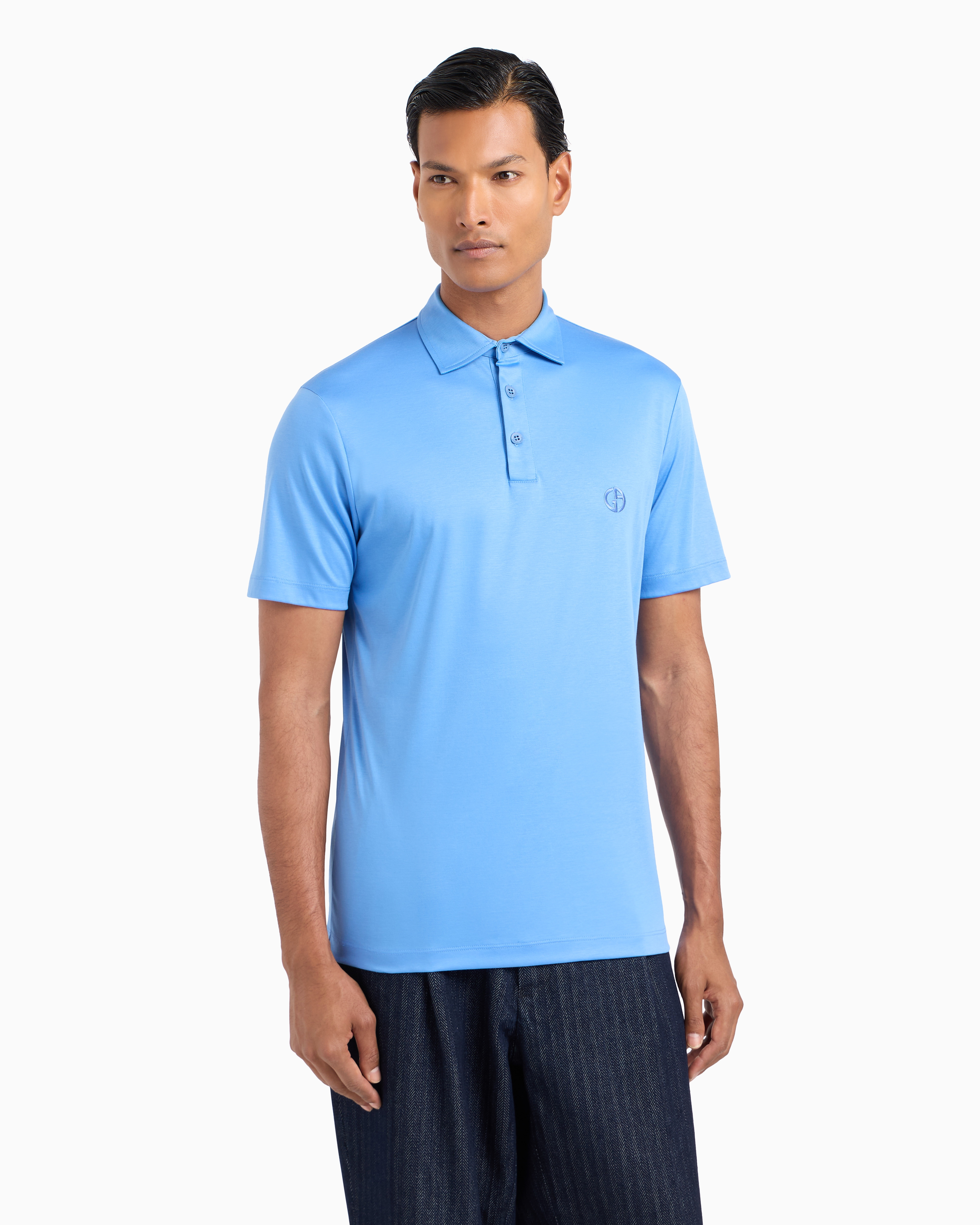 Shop Giorgio Armani Pure Cotton Interlock Polo Shirt With Embroidered Logo In Light Blue