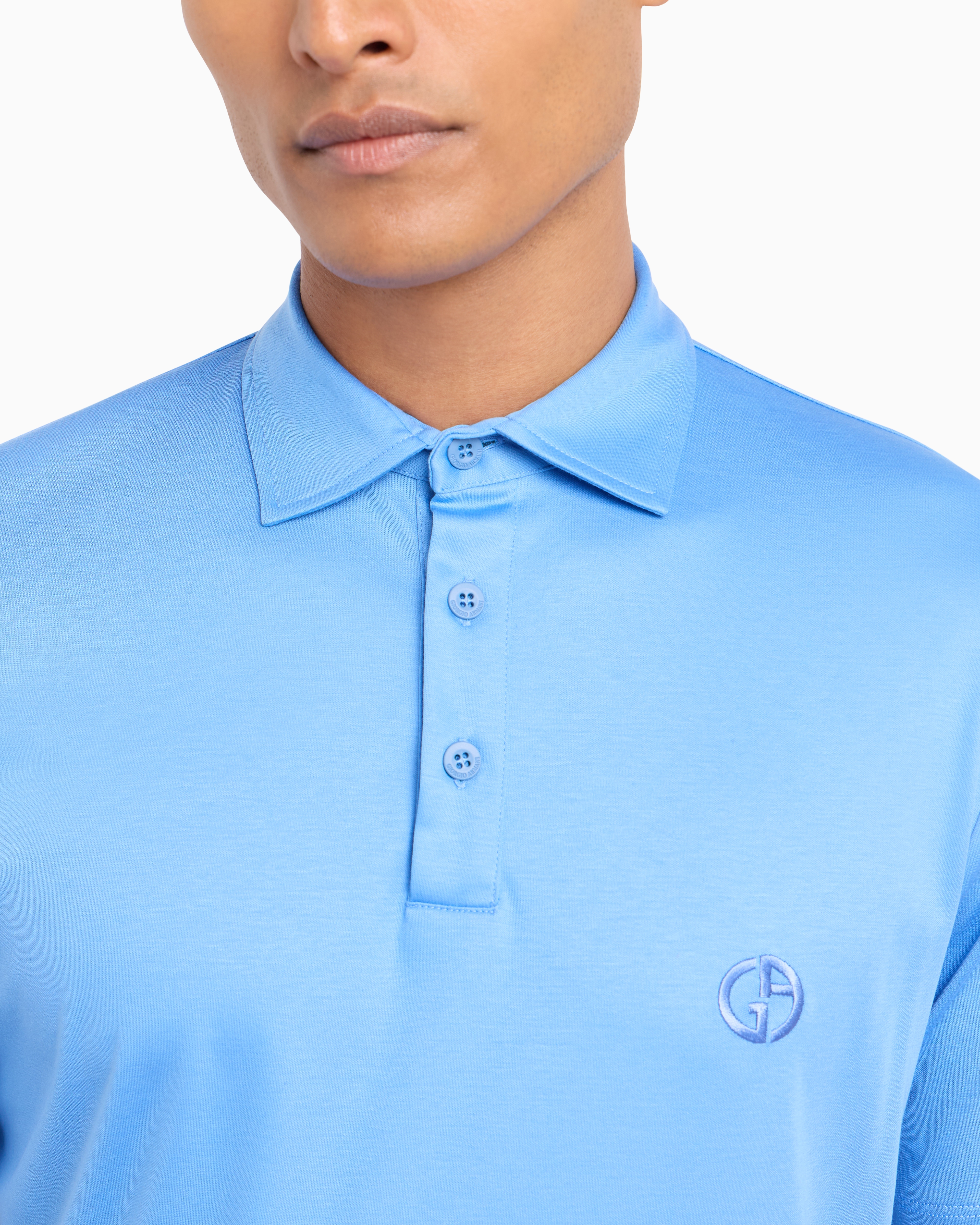 Shop Giorgio Armani Pure Cotton Interlock Polo Shirt With Embroidered Logo In Light Blue