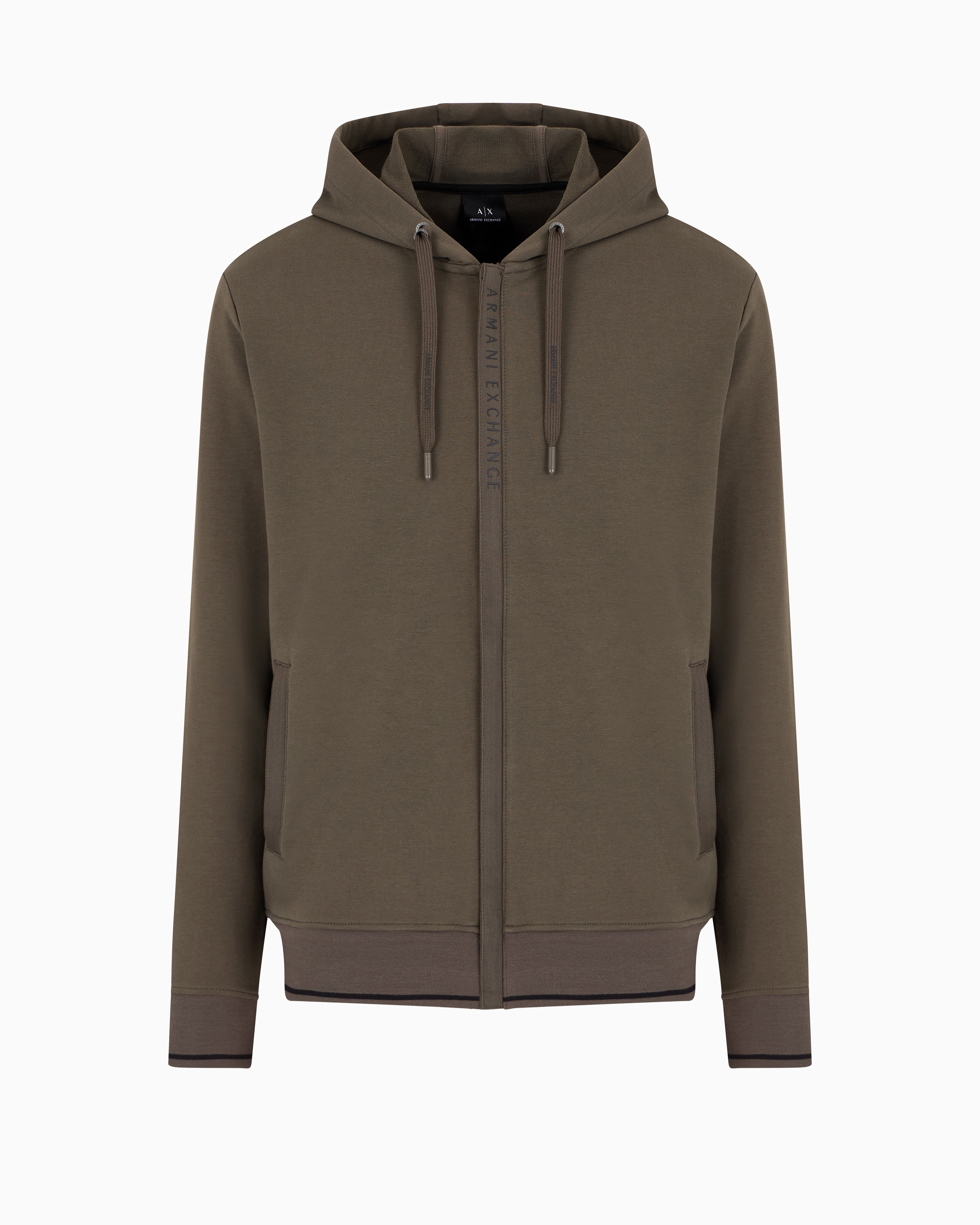 Armani Exchange Official Store Sweat Basique Avec Capuche Et Zip En French Terry Stretch In Verde Militare