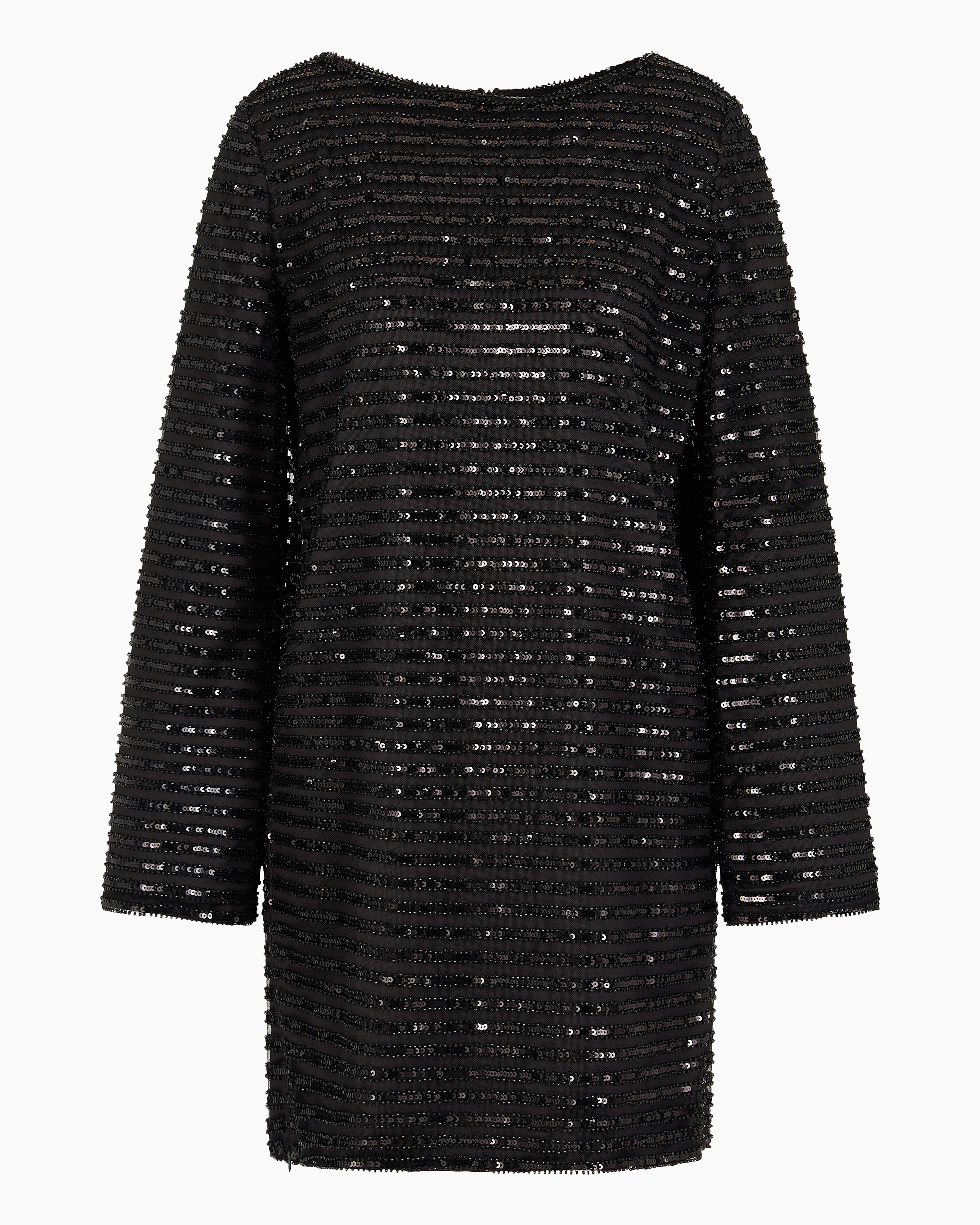 Emporio Armani Official Store Moon Capsule Collection Tulle Tunic Dress With Striped Sequinned Motif In Noir