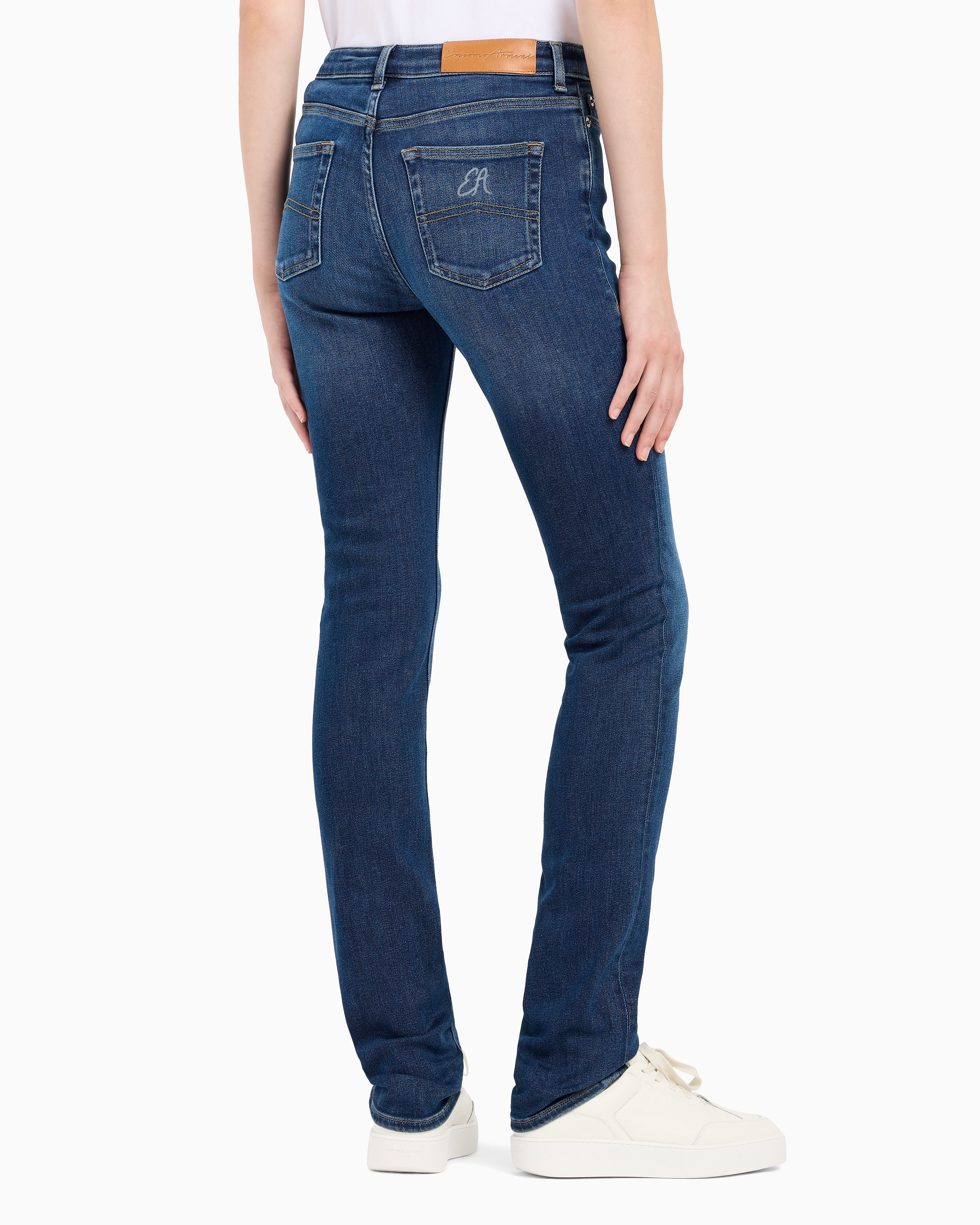 Shop Emporio Armani Asv J85 High-waisted Slim Straight-leg Jeans In A Worn-look Organic Stretch Denim In Bleu Moyen