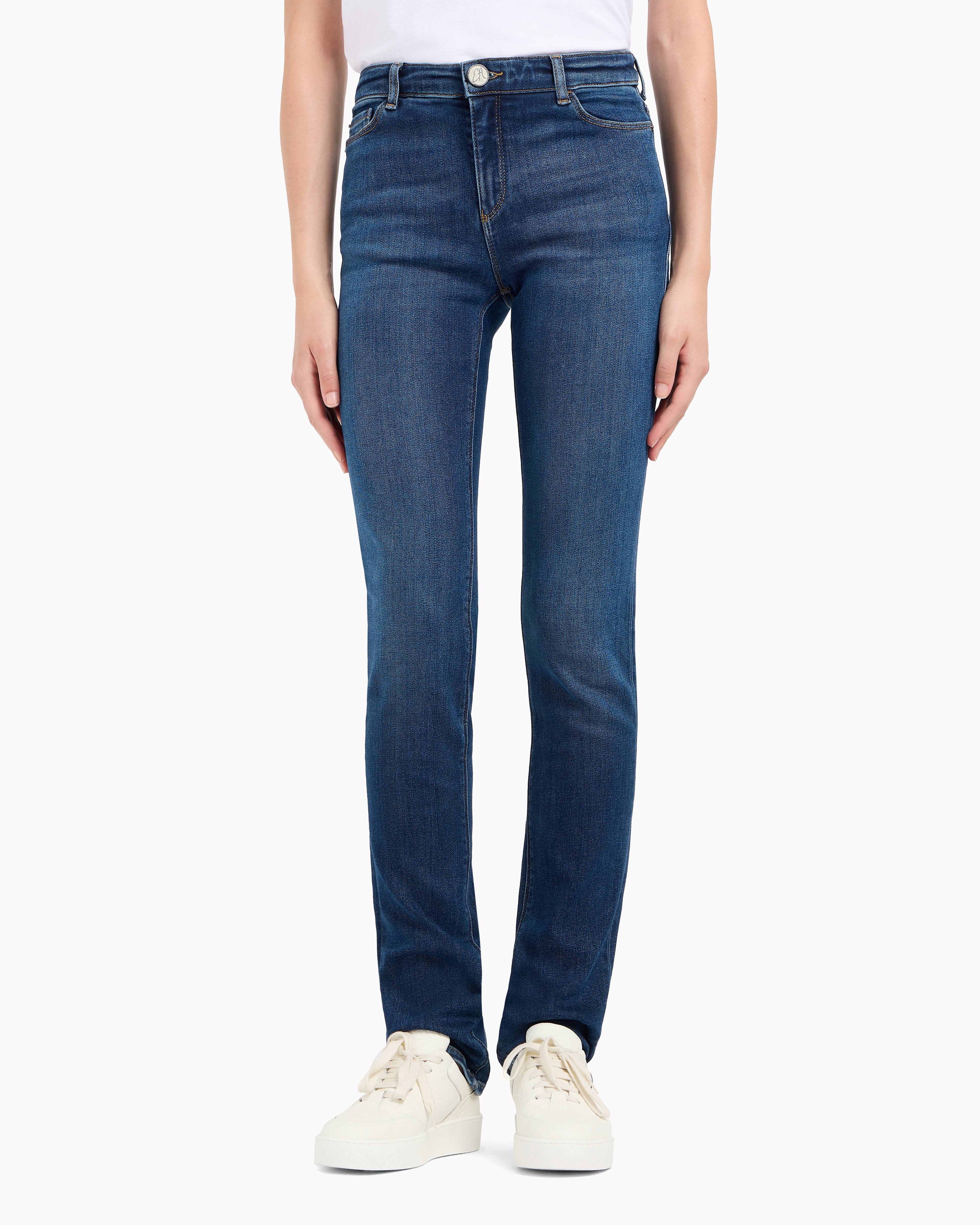 Shop Emporio Armani Asv J85 High-waisted Slim Straight-leg Jeans In A Worn-look Organic Stretch Denim In Bleu Moyen