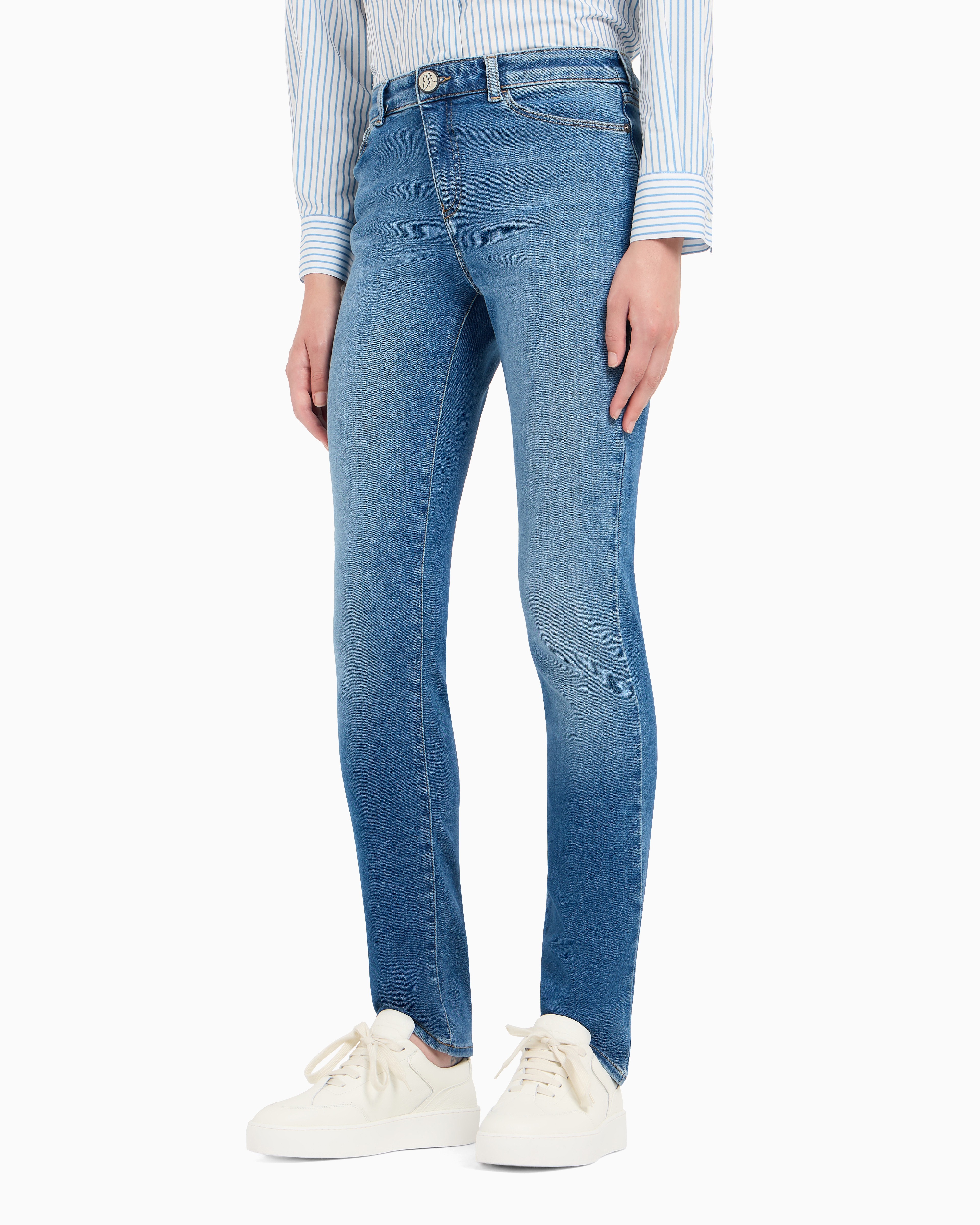 Emporio Armani Official Store Asv J18 High-waisted Skinny-leg Jeans In A Worn-look Organic Stretch Denim In Light Blue