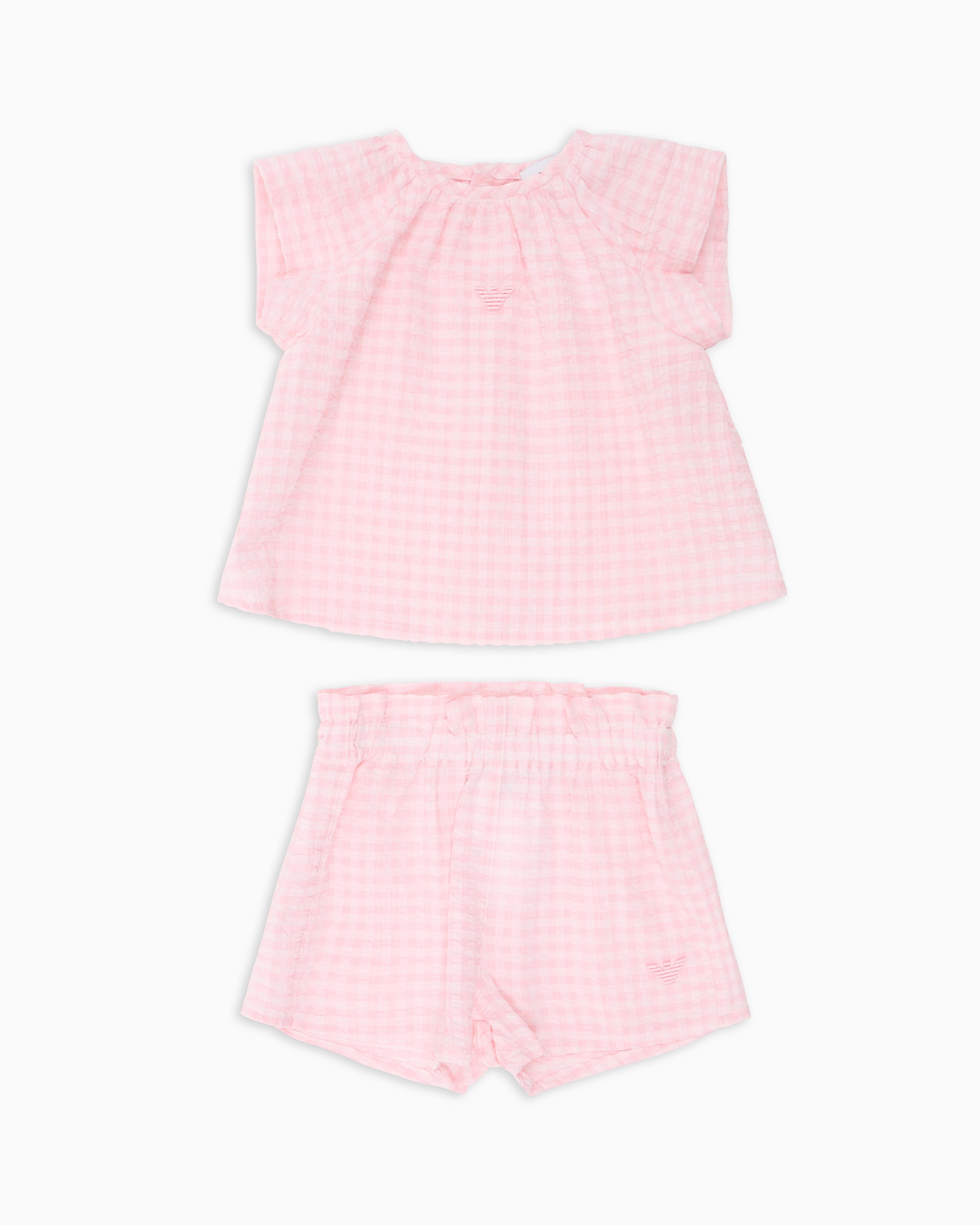 Emporio Armani Gingham Cotton Seersucker Blouse And Shorts Set In Pink