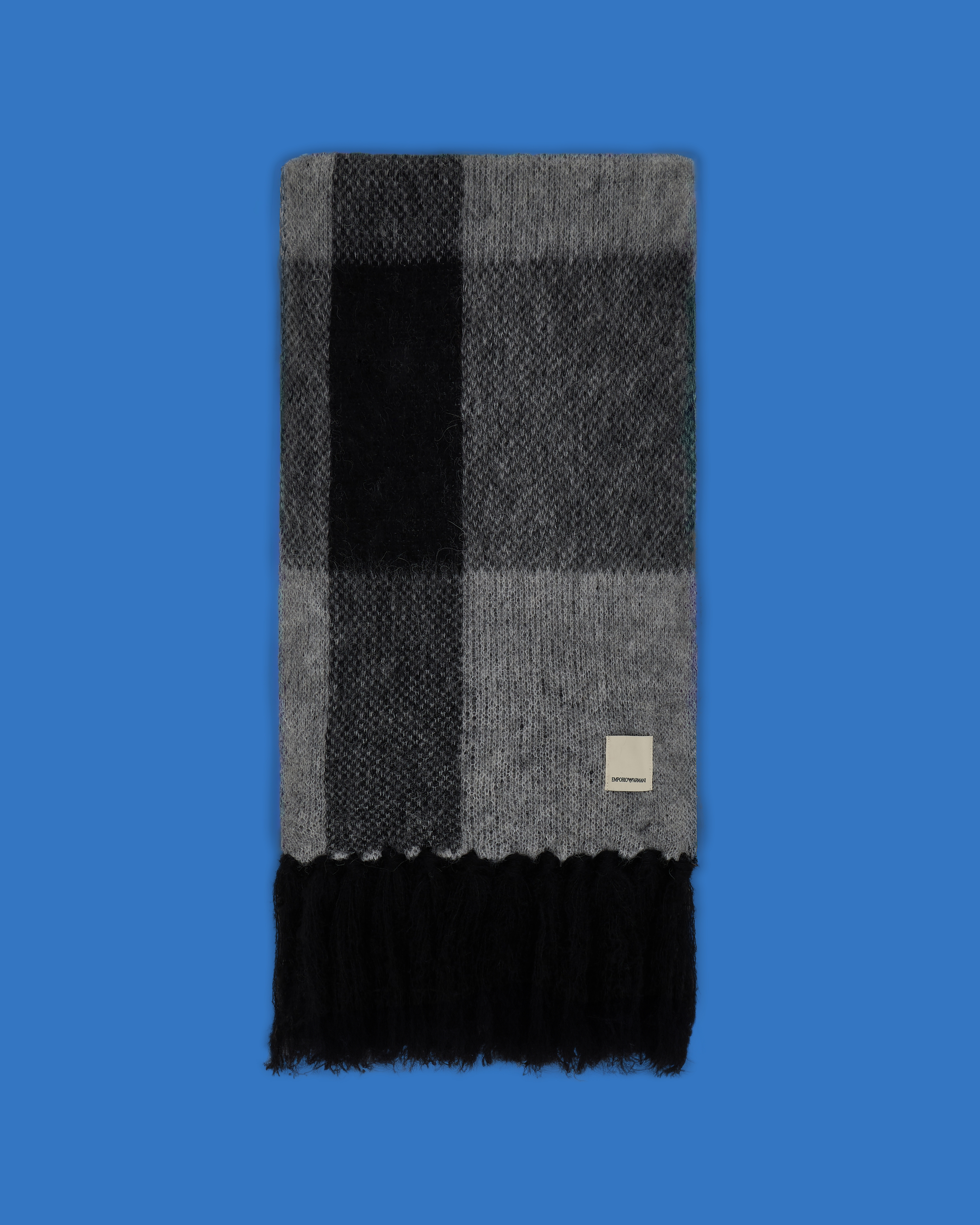 EMPORIO ARMANI ASV BLACK BLUE CAPSULE COLLECTION CHECKED ALPACA-BLEND SCARF 