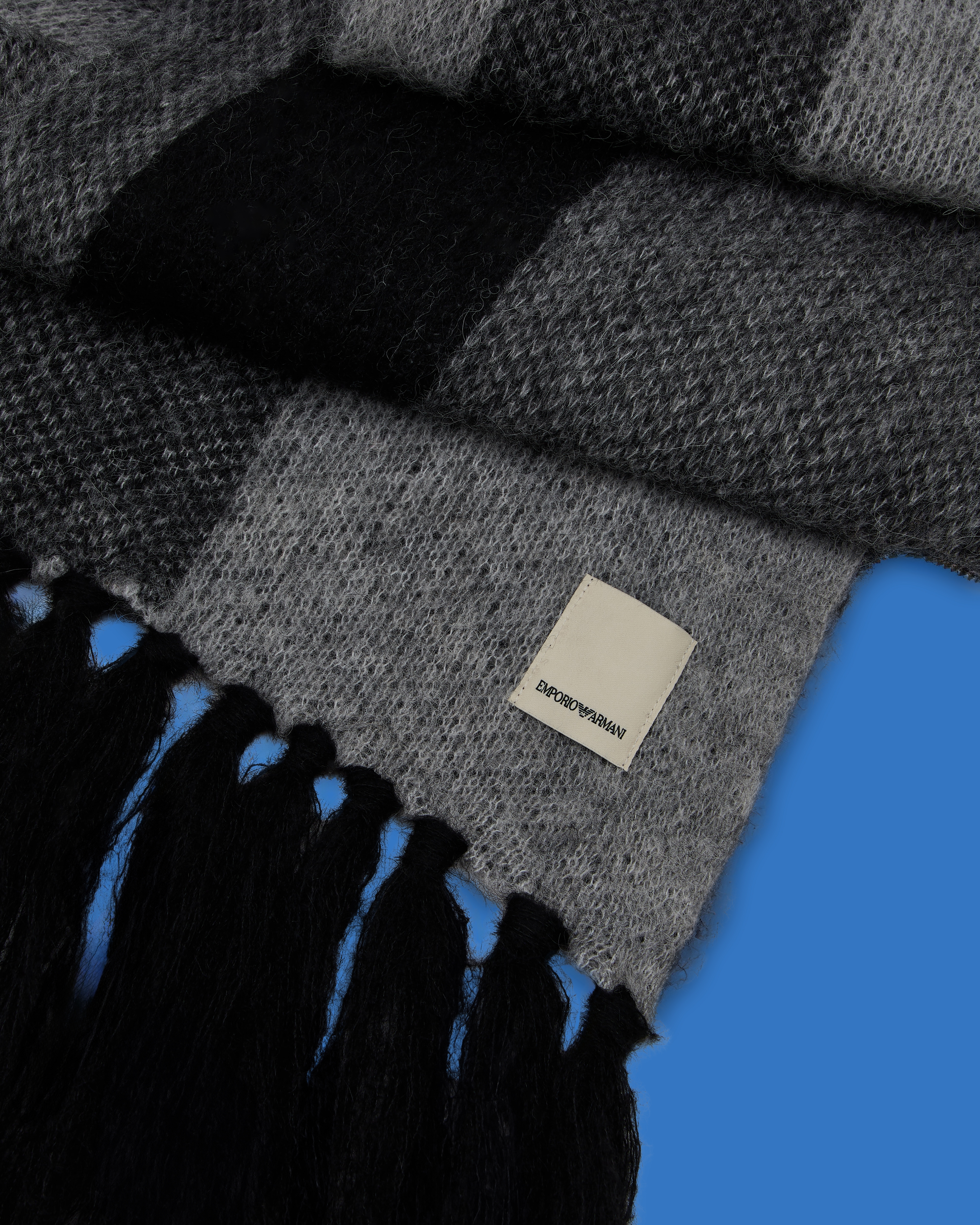 EMPORIO ARMANI ASV BLACK BLUE CAPSULE COLLECTION CHECKED ALPACA-BLEND SCARF 