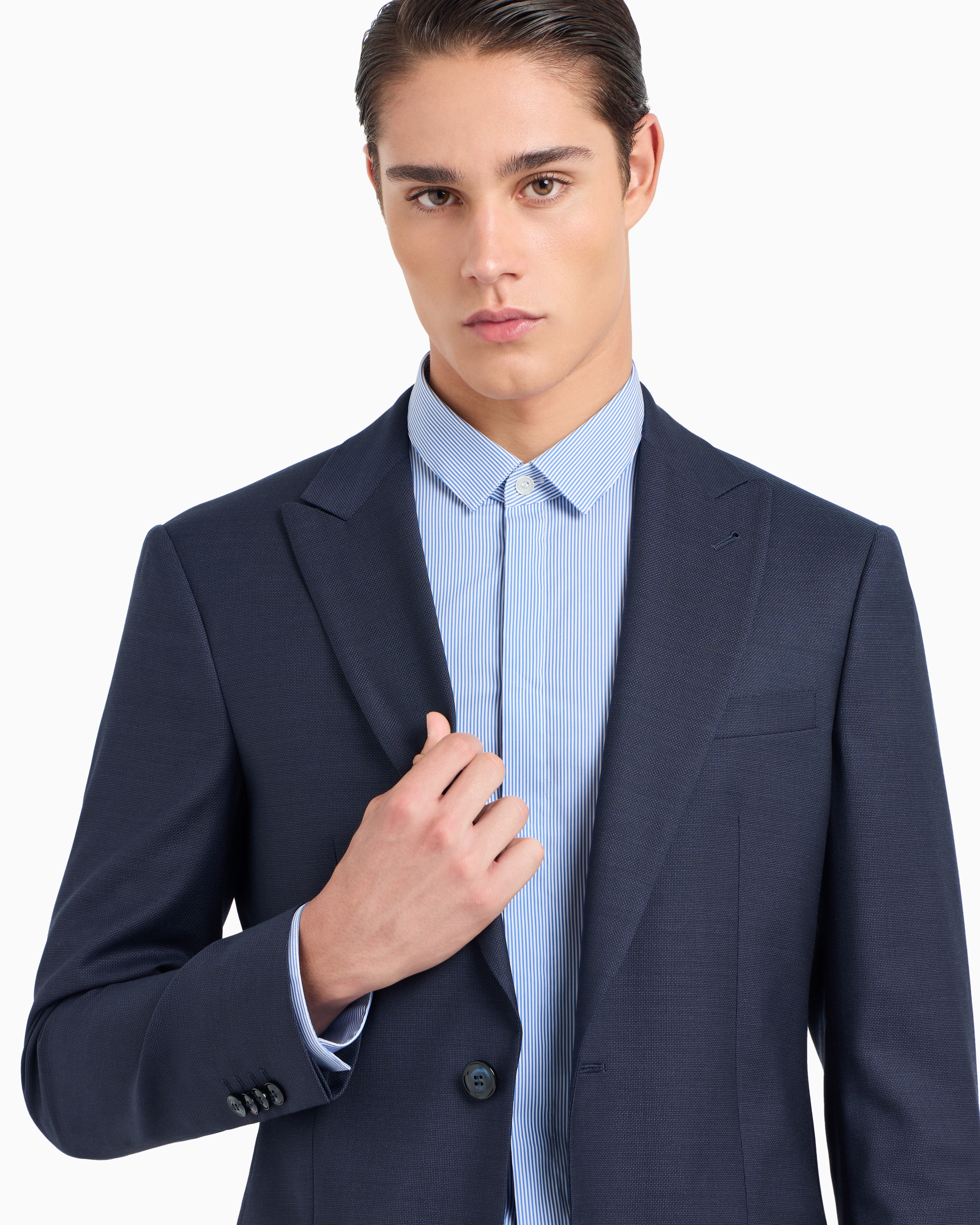 Shop Giorgio Armani Soho Line Single-breasted Suit In Pinpoint-effect Virgin Wool In Bleu