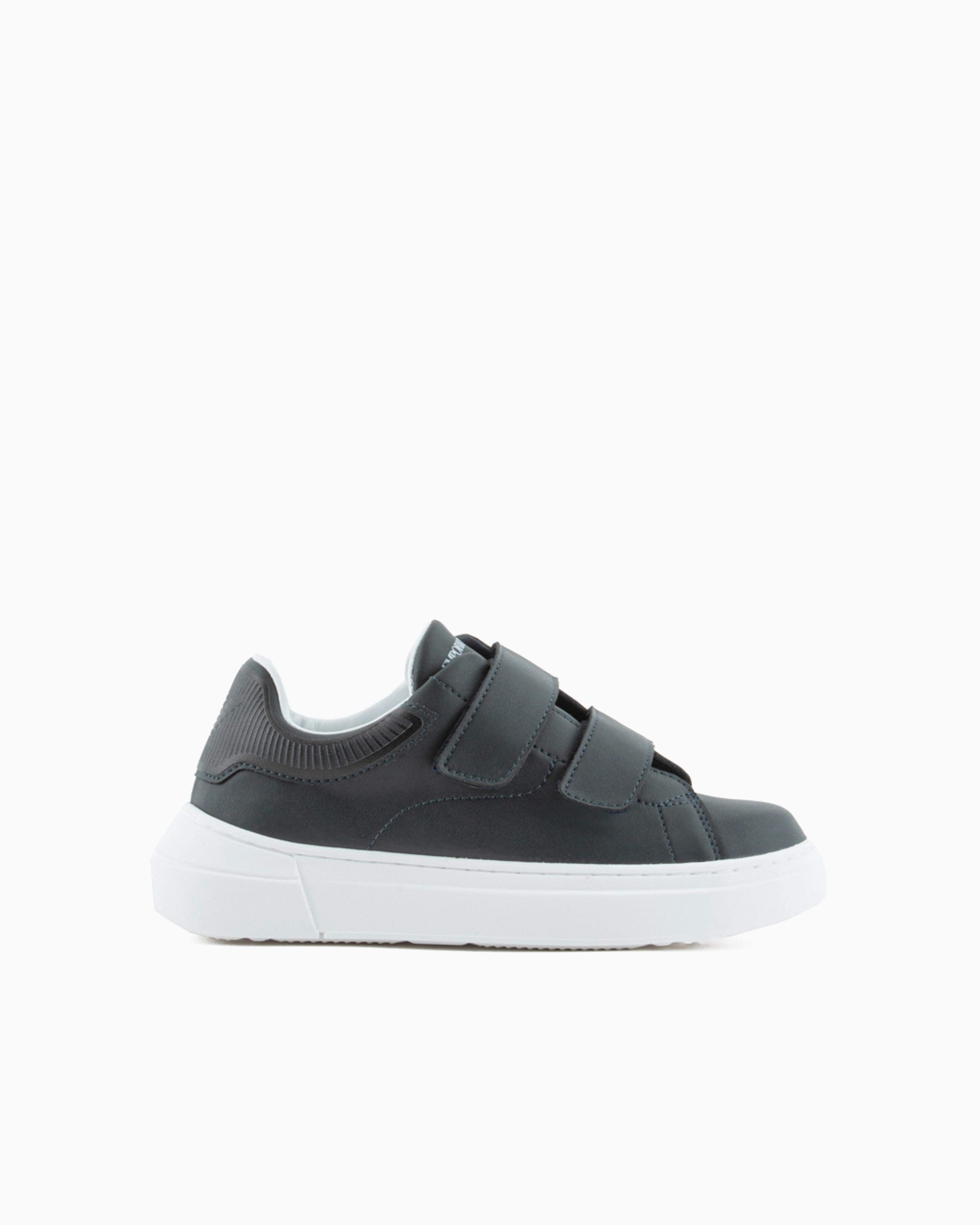 Shop Emporio Armani Leather Sneakers With Velcro In Navy Blue