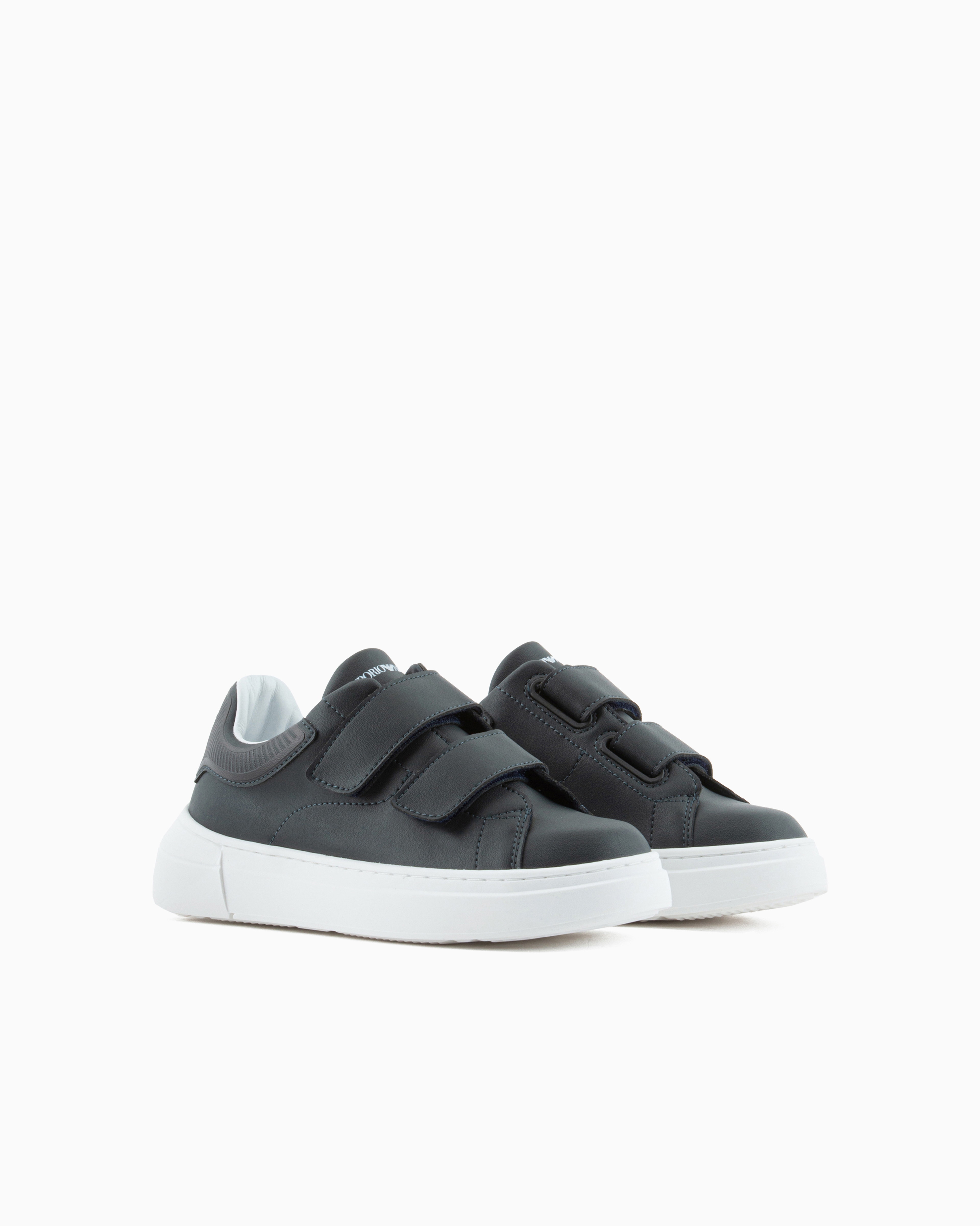 Shop Emporio Armani Leather Sneakers With Velcro In Navy Blue