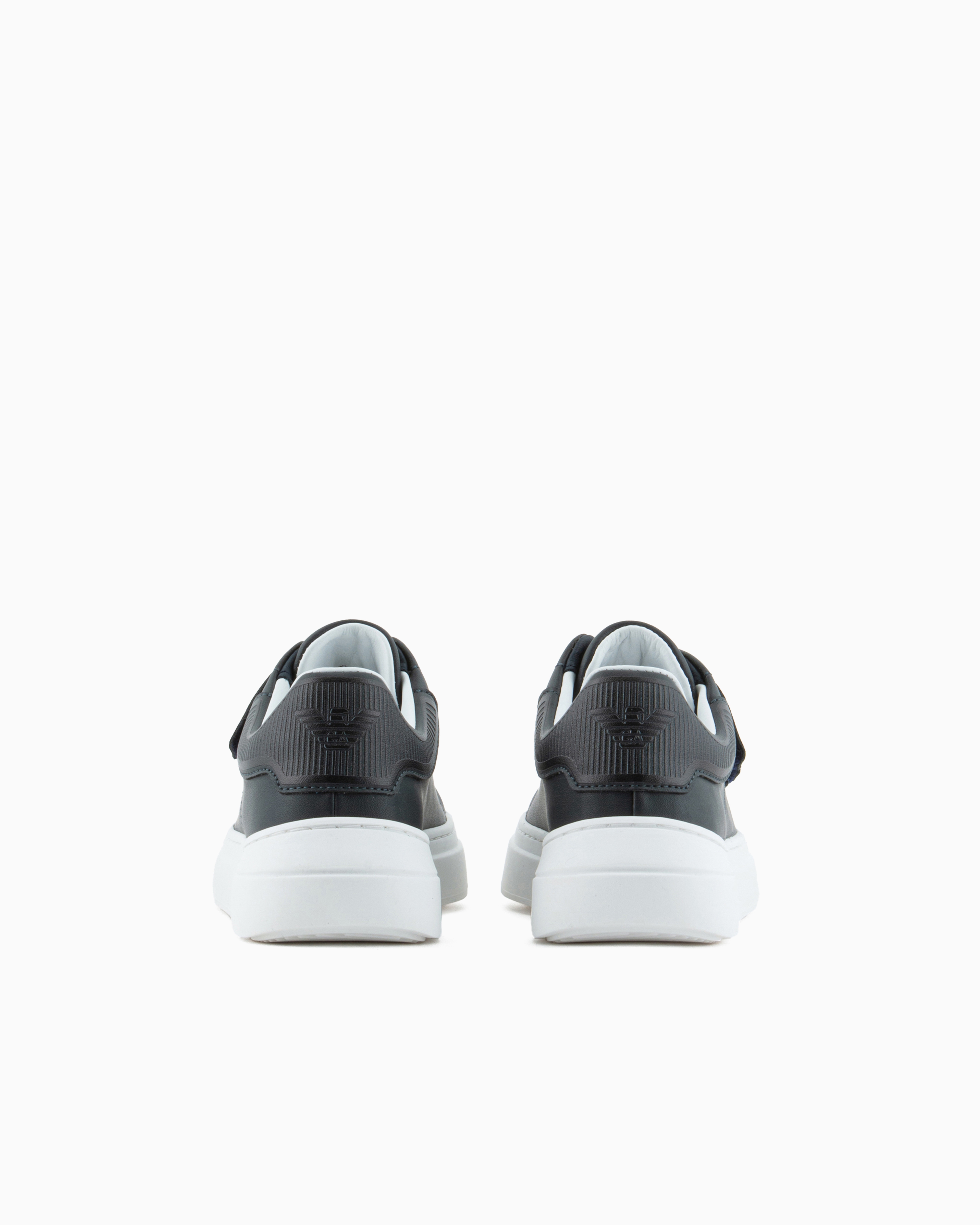 Shop Emporio Armani Leather Sneakers With Velcro In Navy Blue