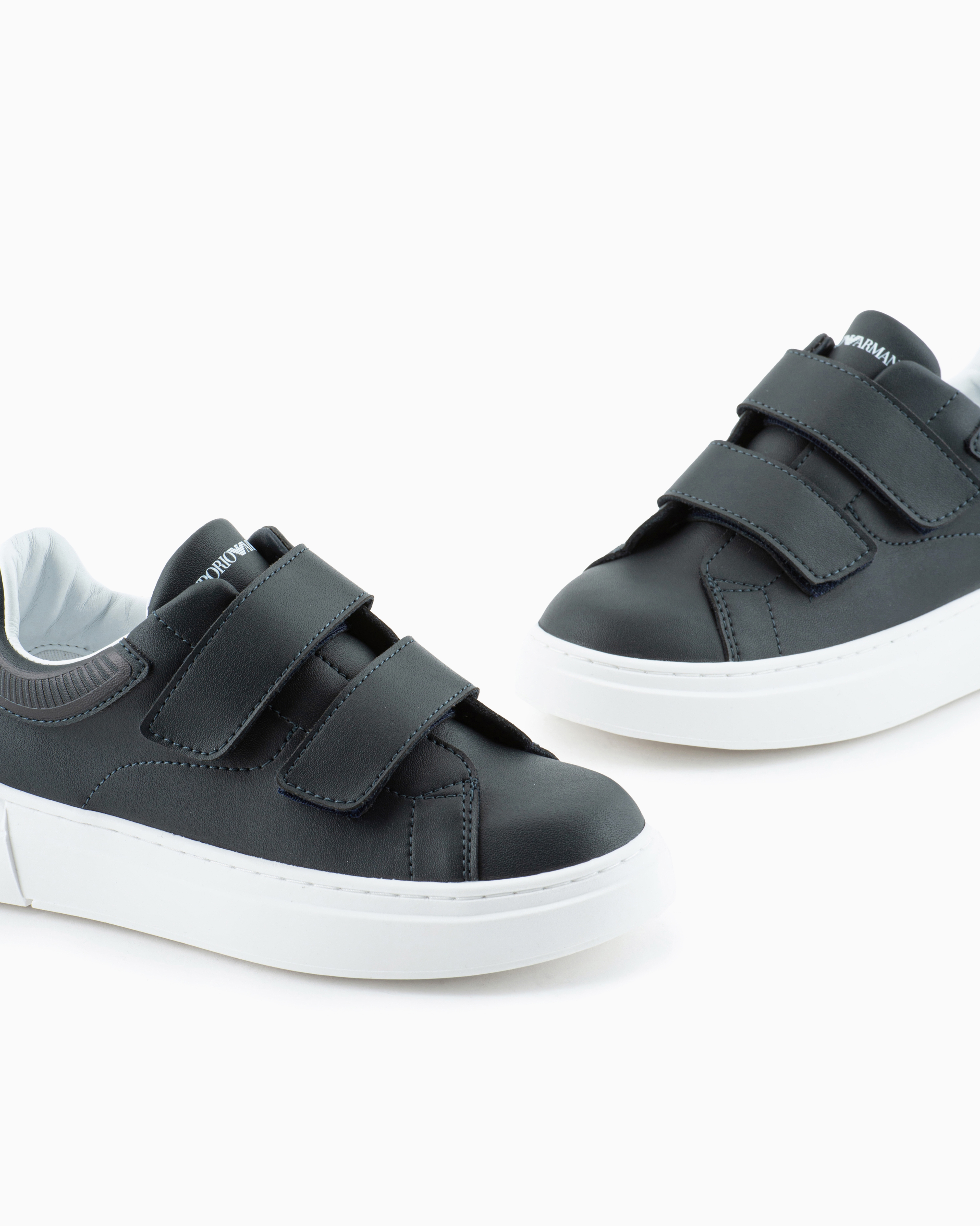 Shop Emporio Armani Leather Sneakers With Velcro In Navy Blue