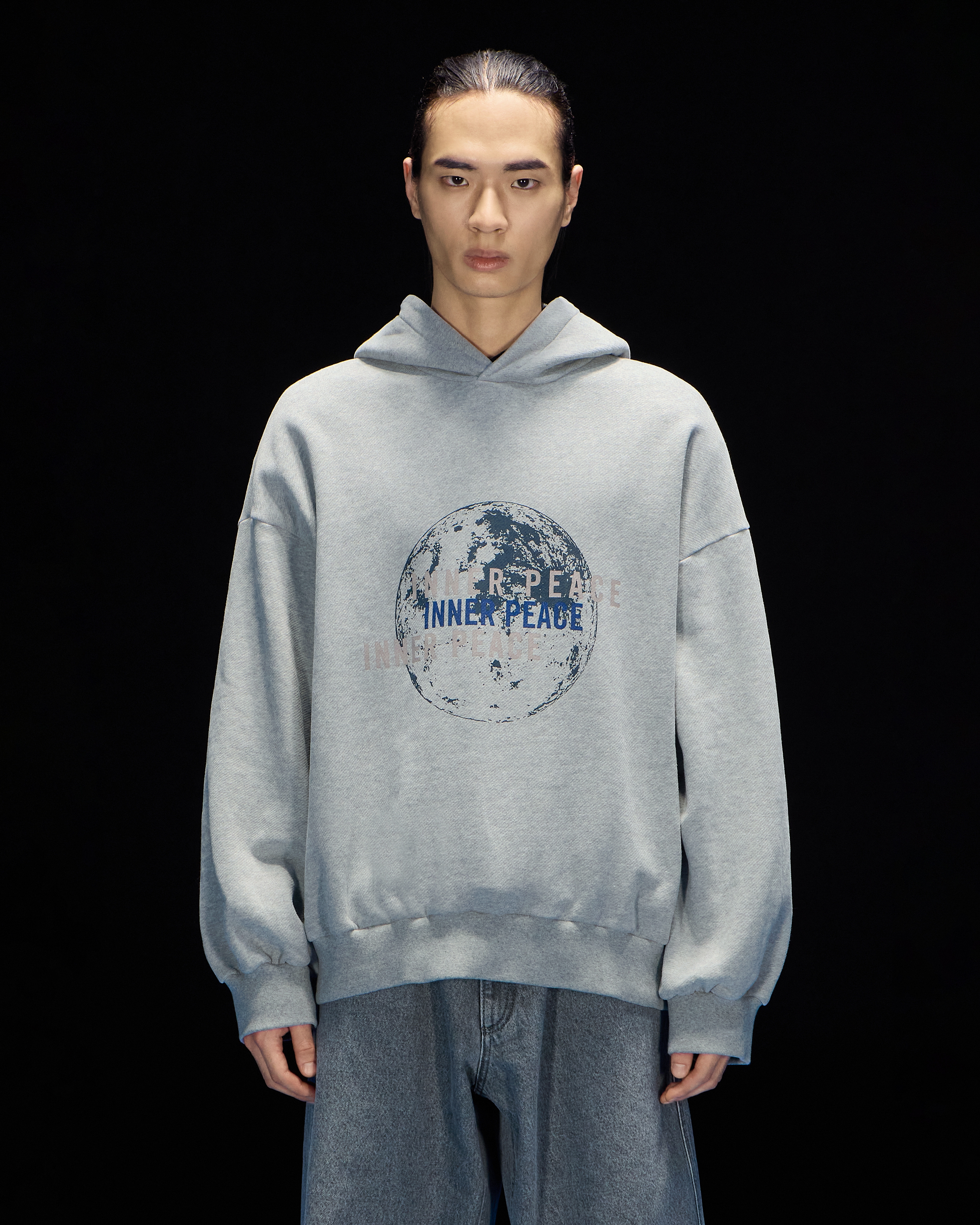 Emporio Armani Asv Black Blue Capsule Collection Slogan Oversize Hooded Sweatshirt In Organic Jersey In Grey