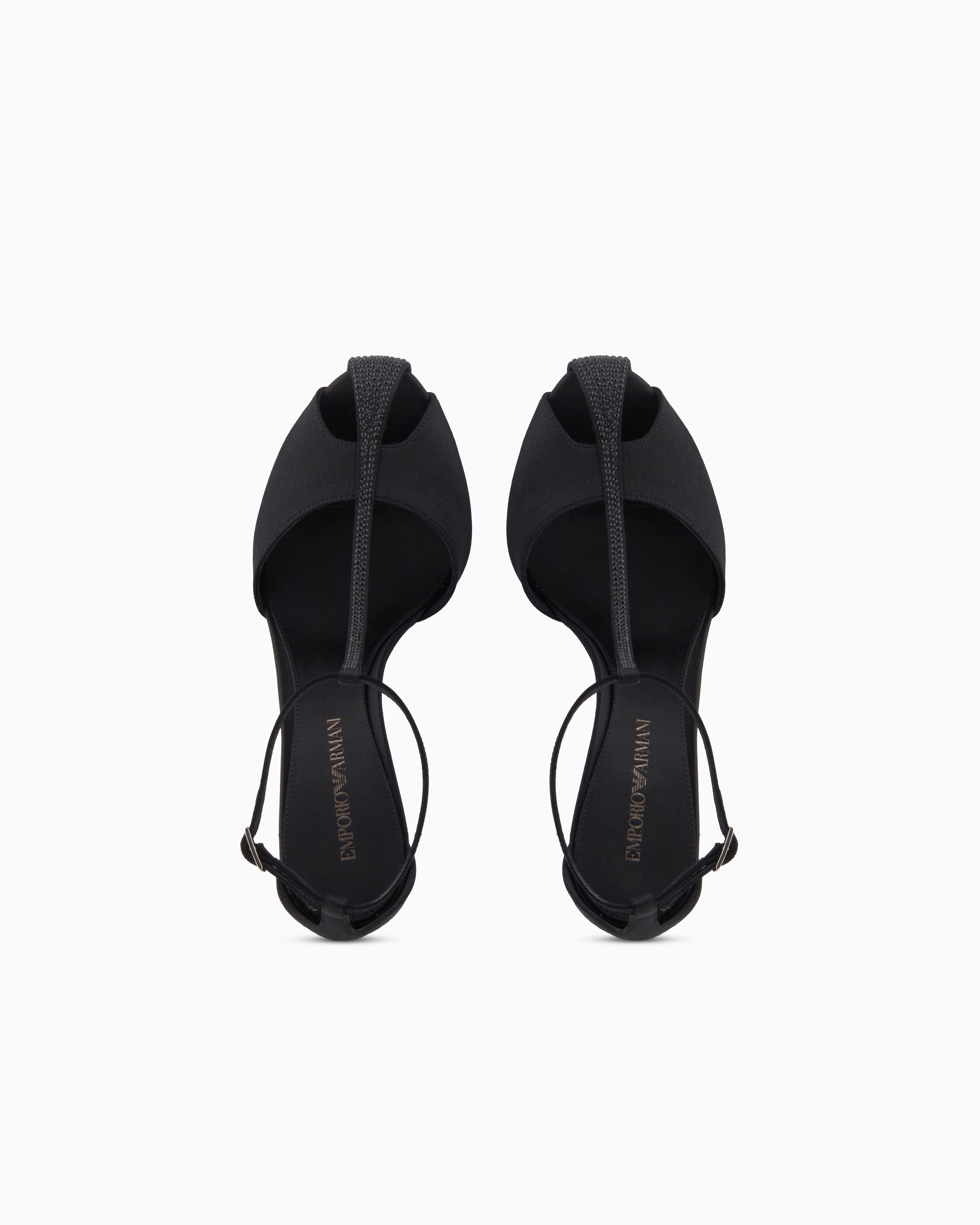 Emporio Armani Satin T-bar Sandals With Rhinestones In Black